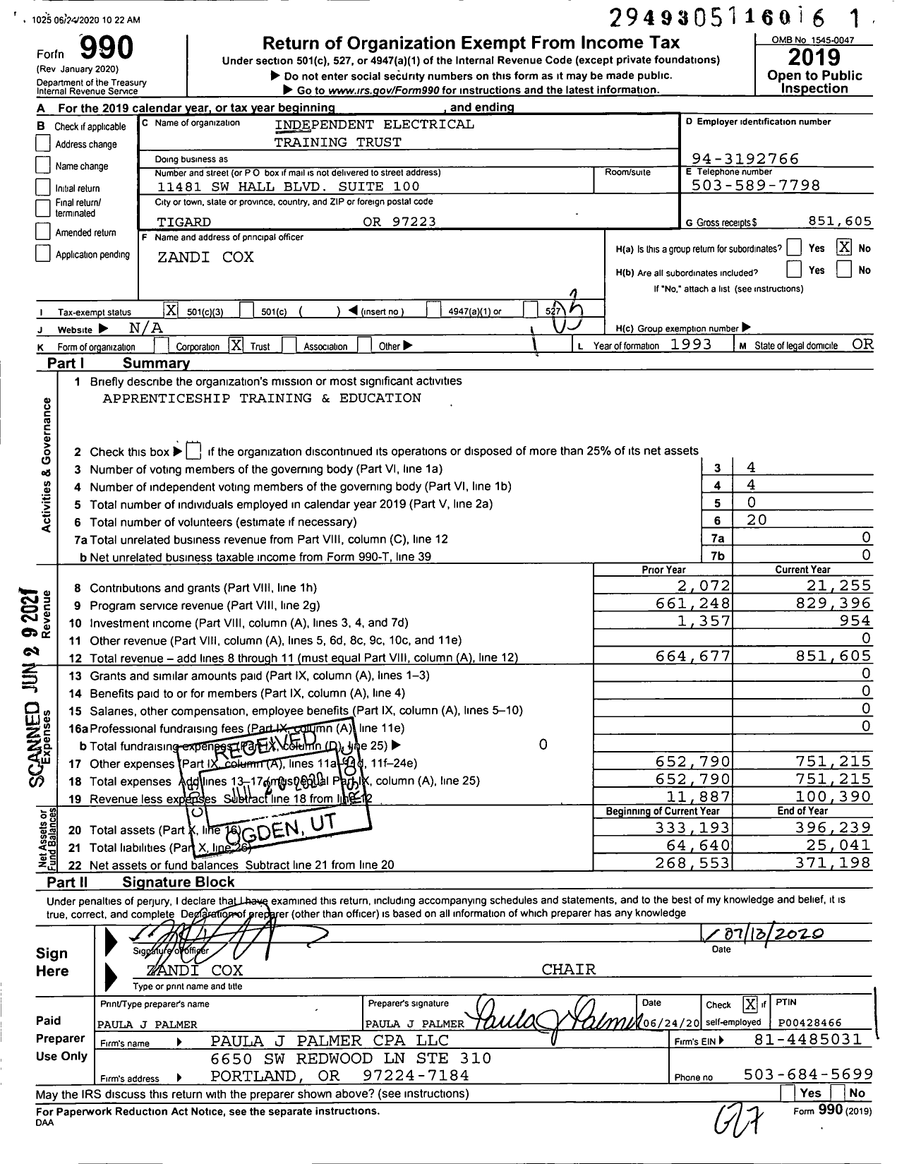 Image of first page of 2019 Form 990 for Independent Electrical Training Trust