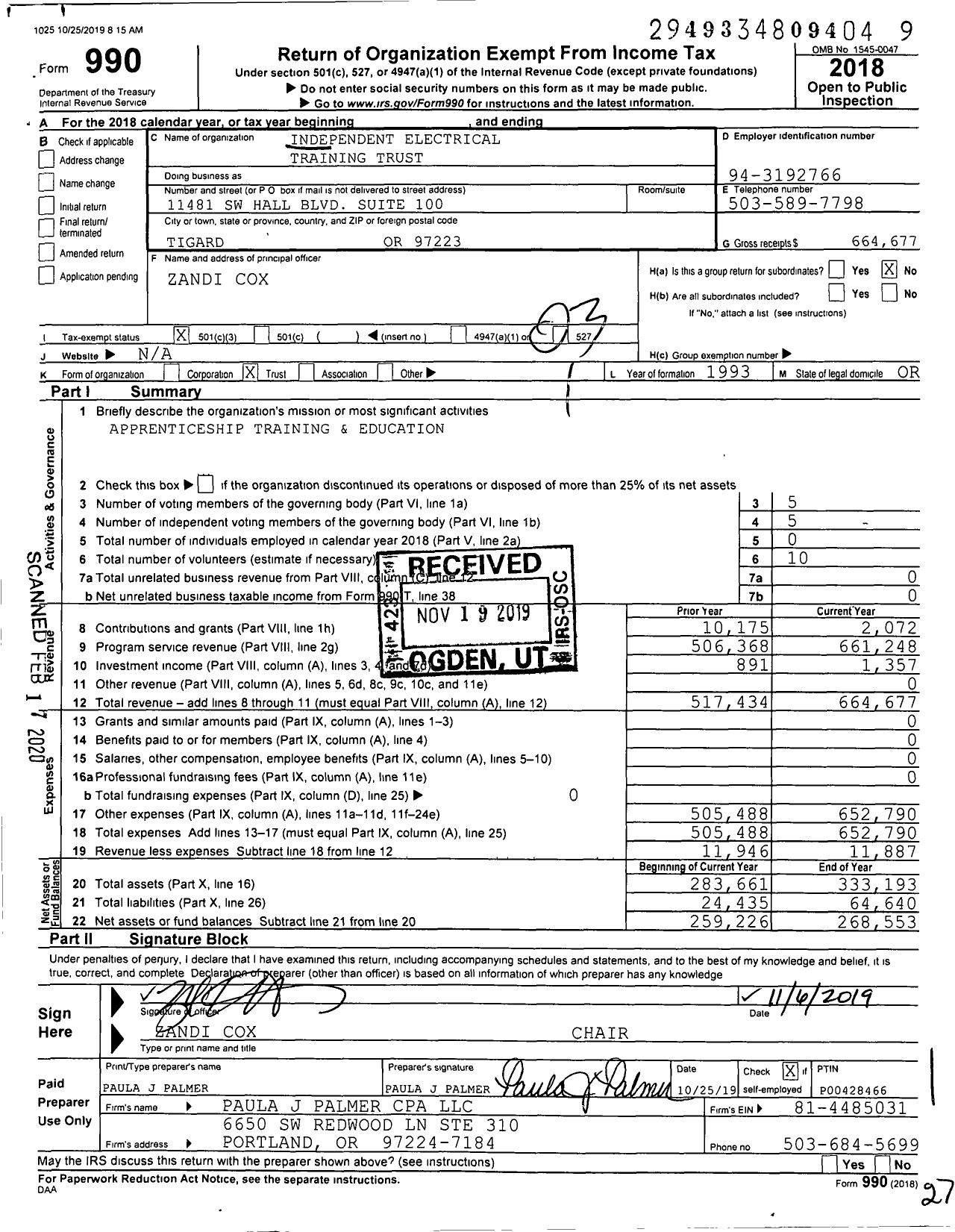 Image of first page of 2018 Form 990 for Independent Electrical Training Trust