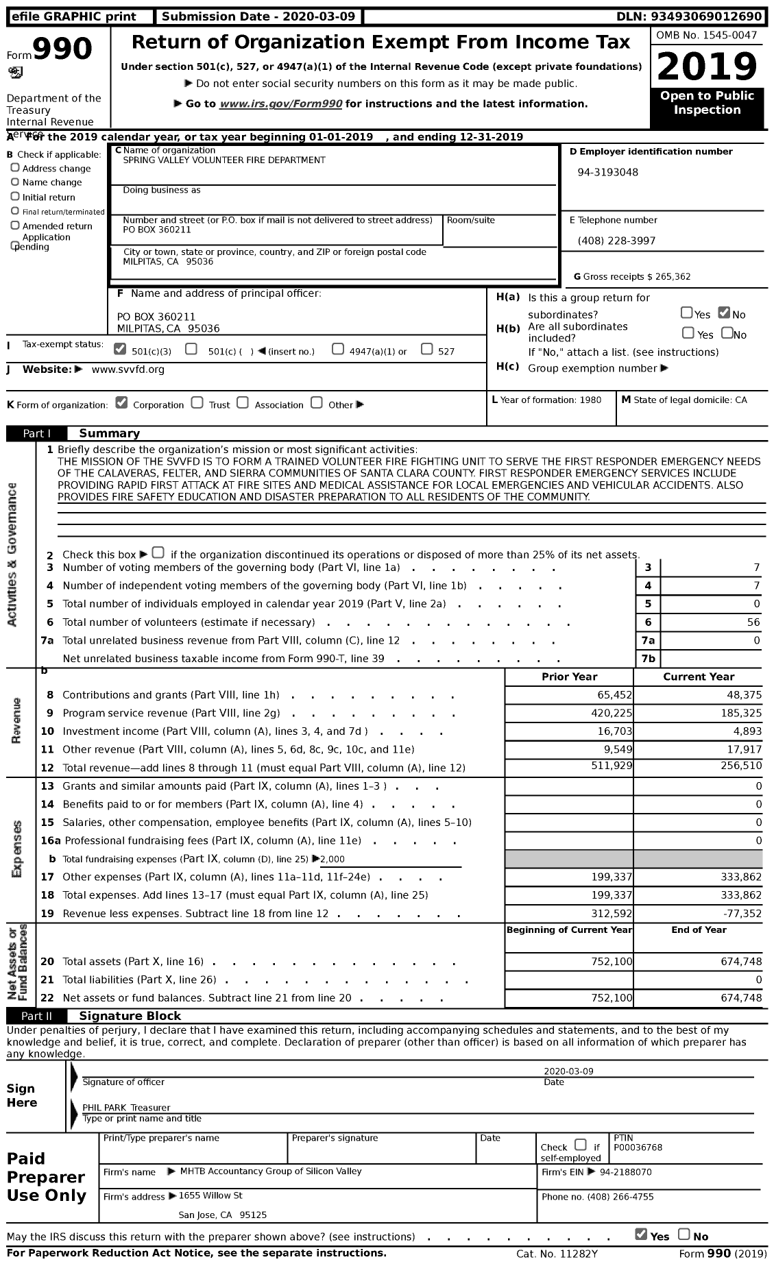 Image of first page of 2019 Form 990 for Spring Valley Volunteer Fire Department