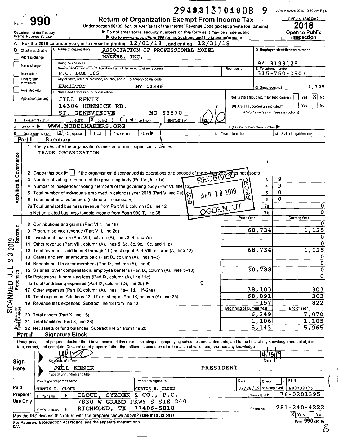 Image of first page of 2018 Form 990O for Association of Professional Model Makers