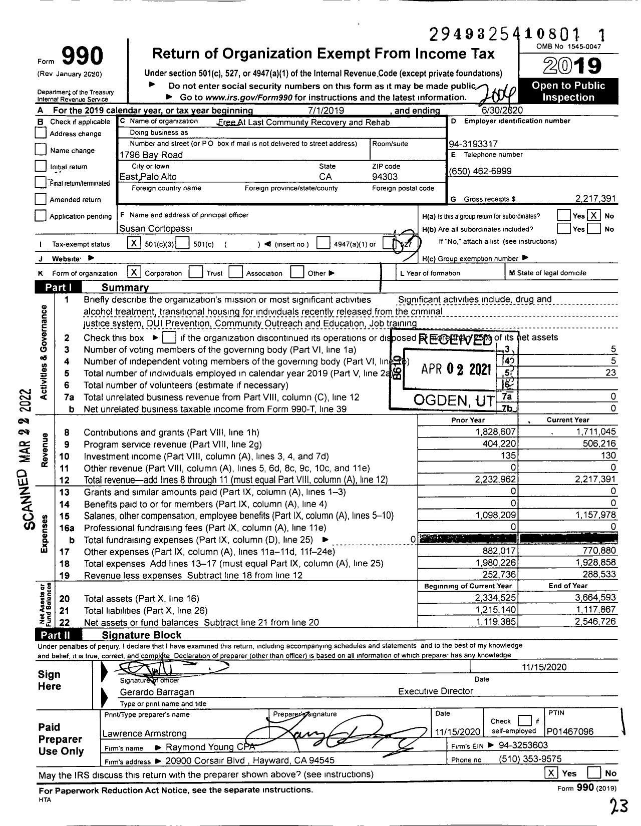 Image of first page of 2019 Form 990 for Free At Last Community Recovery and Rehab