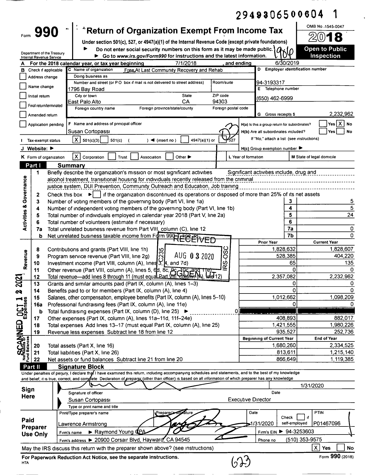 Image of first page of 2018 Form 990 for Free At Last Community Recovery and Rehab