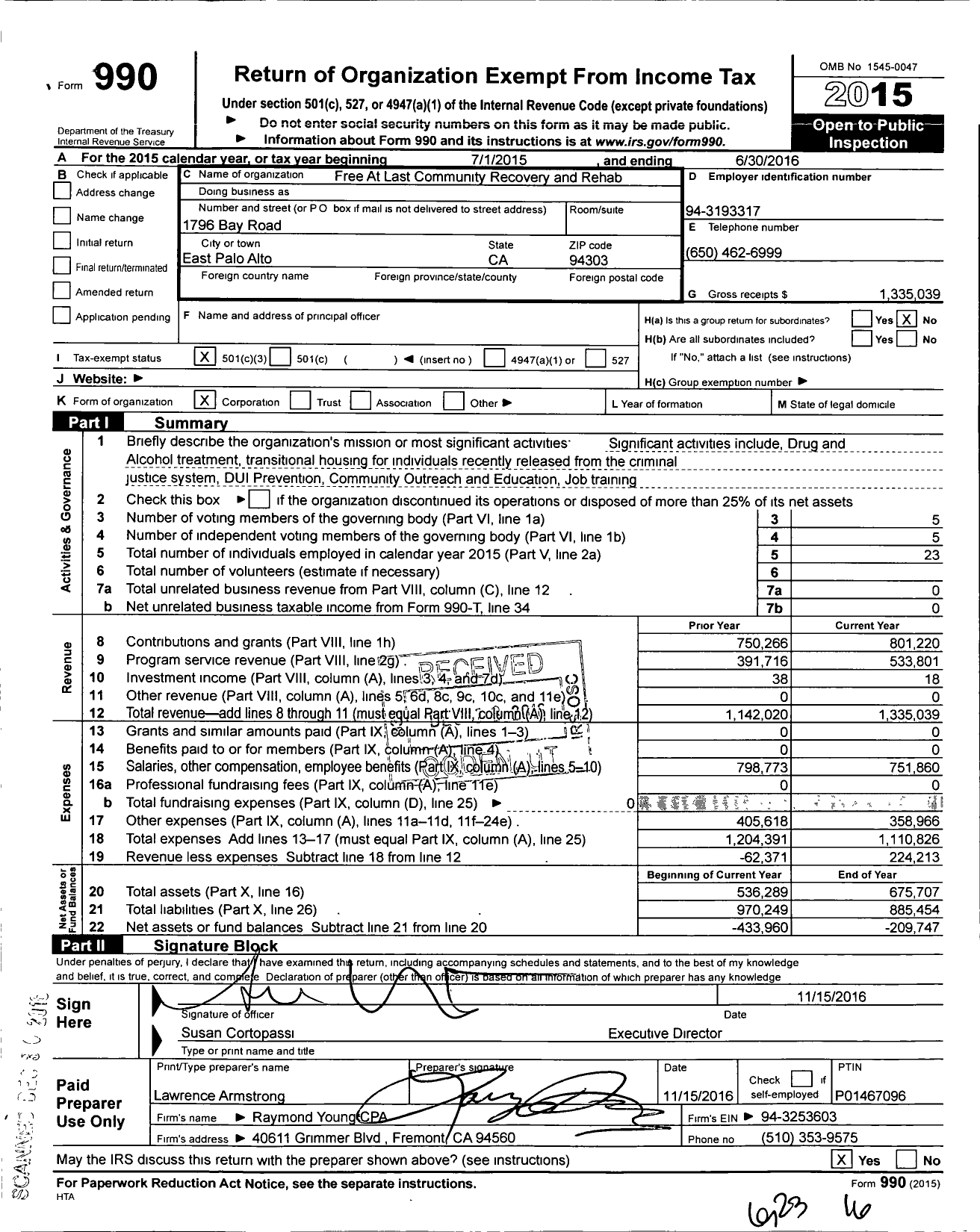 Image of first page of 2015 Form 990 for Free At Last Community Recovery and Rehab