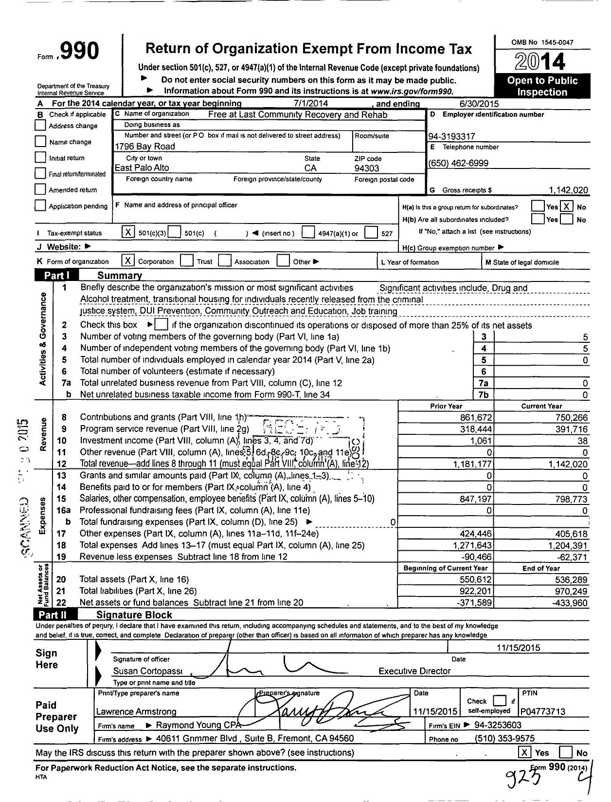 Image of first page of 2014 Form 990 for Free At Last Community Recovery and Rehab