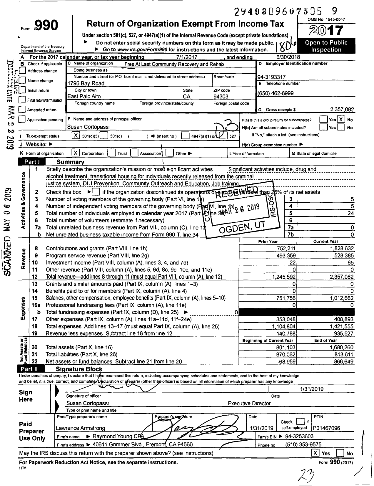 Image of first page of 2017 Form 990 for Free At Last Community Recovery and Rehab