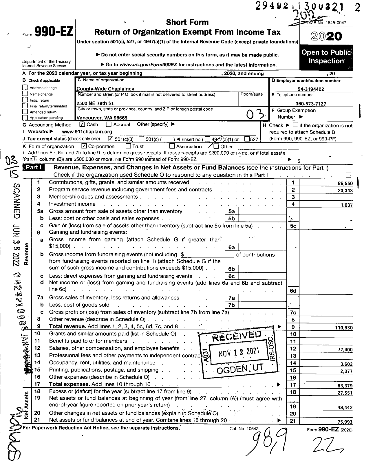 Image of first page of 2020 Form 990EZ for County-Wide Chaplaincy