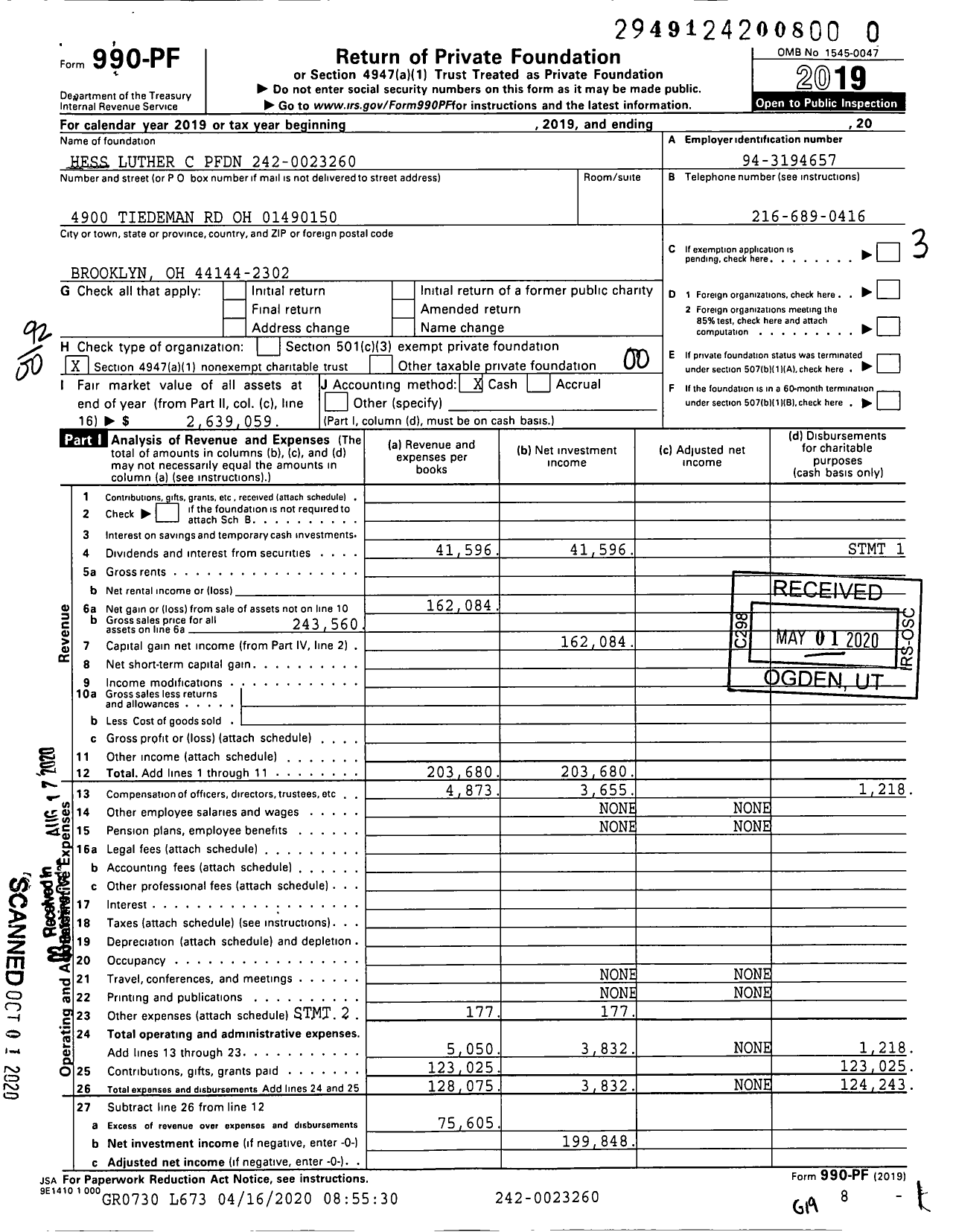 Image of first page of 2019 Form 990PR for Hess Luther C PFDN