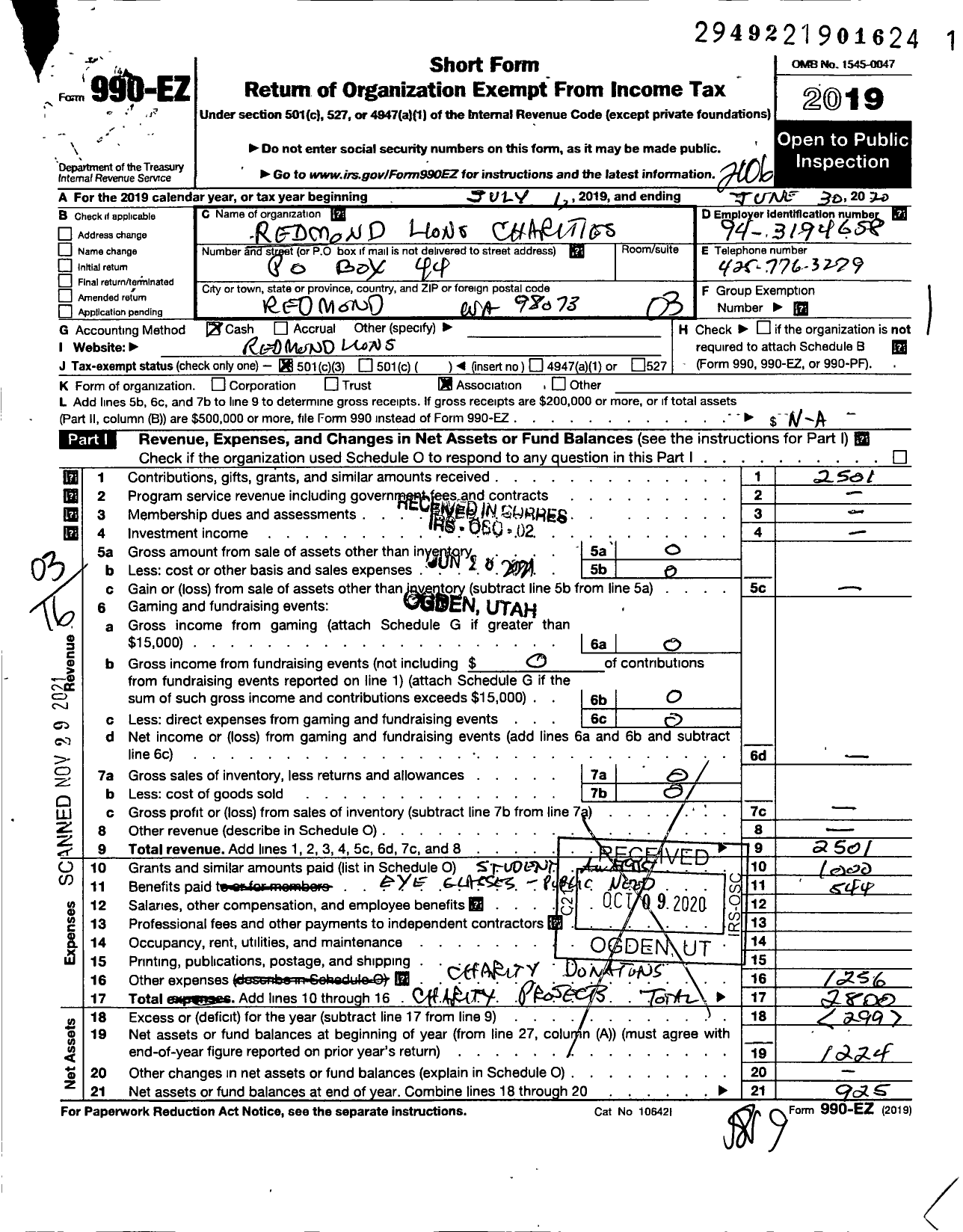 Image of first page of 2019 Form 990EZ for Redmond Lions Club Charities