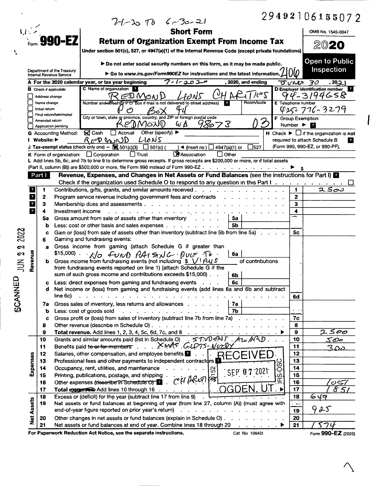 Image of first page of 2020 Form 990EZ for Redmond Lions Club Charities