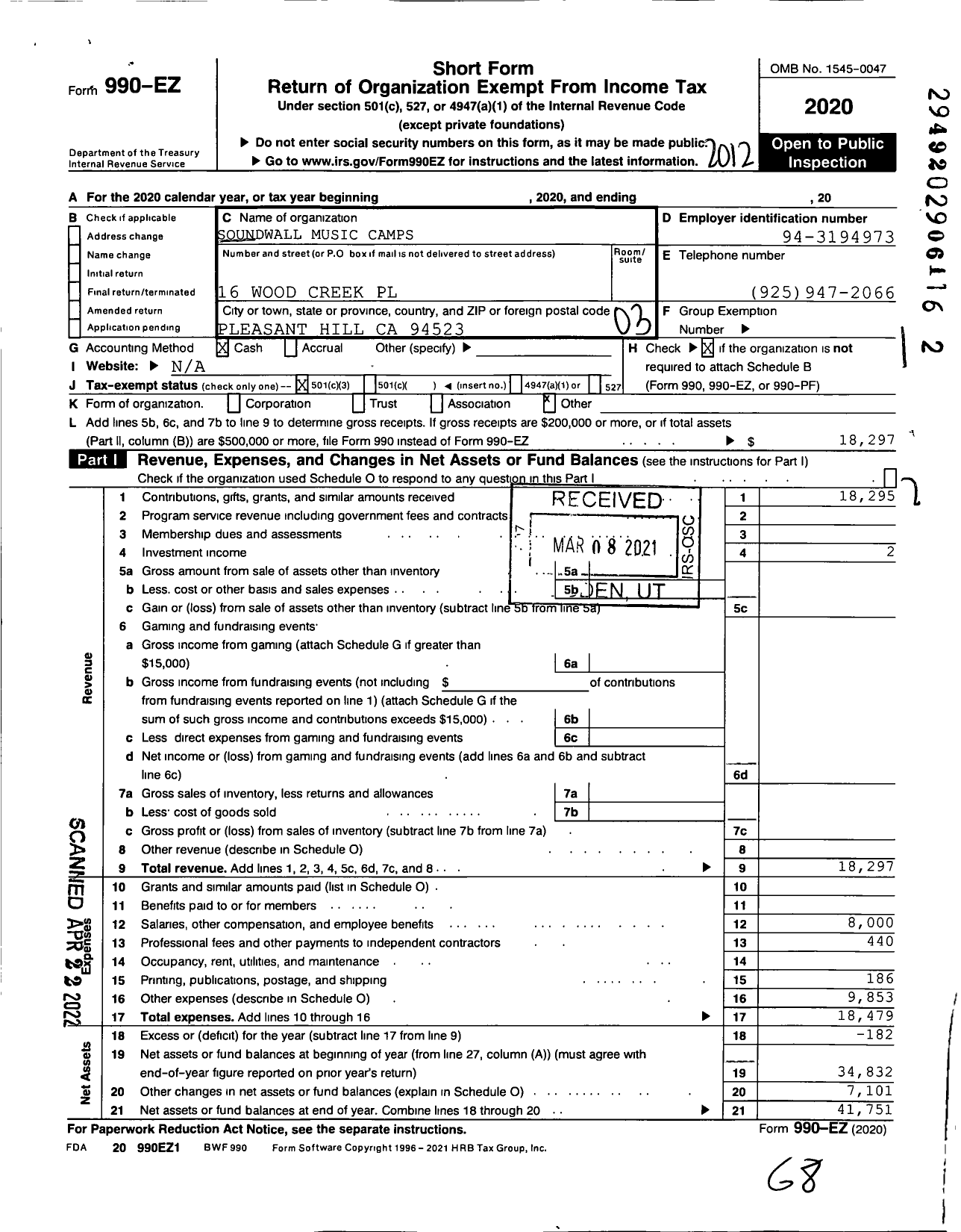 Image of first page of 2020 Form 990EZ for Soundwall Music Camps