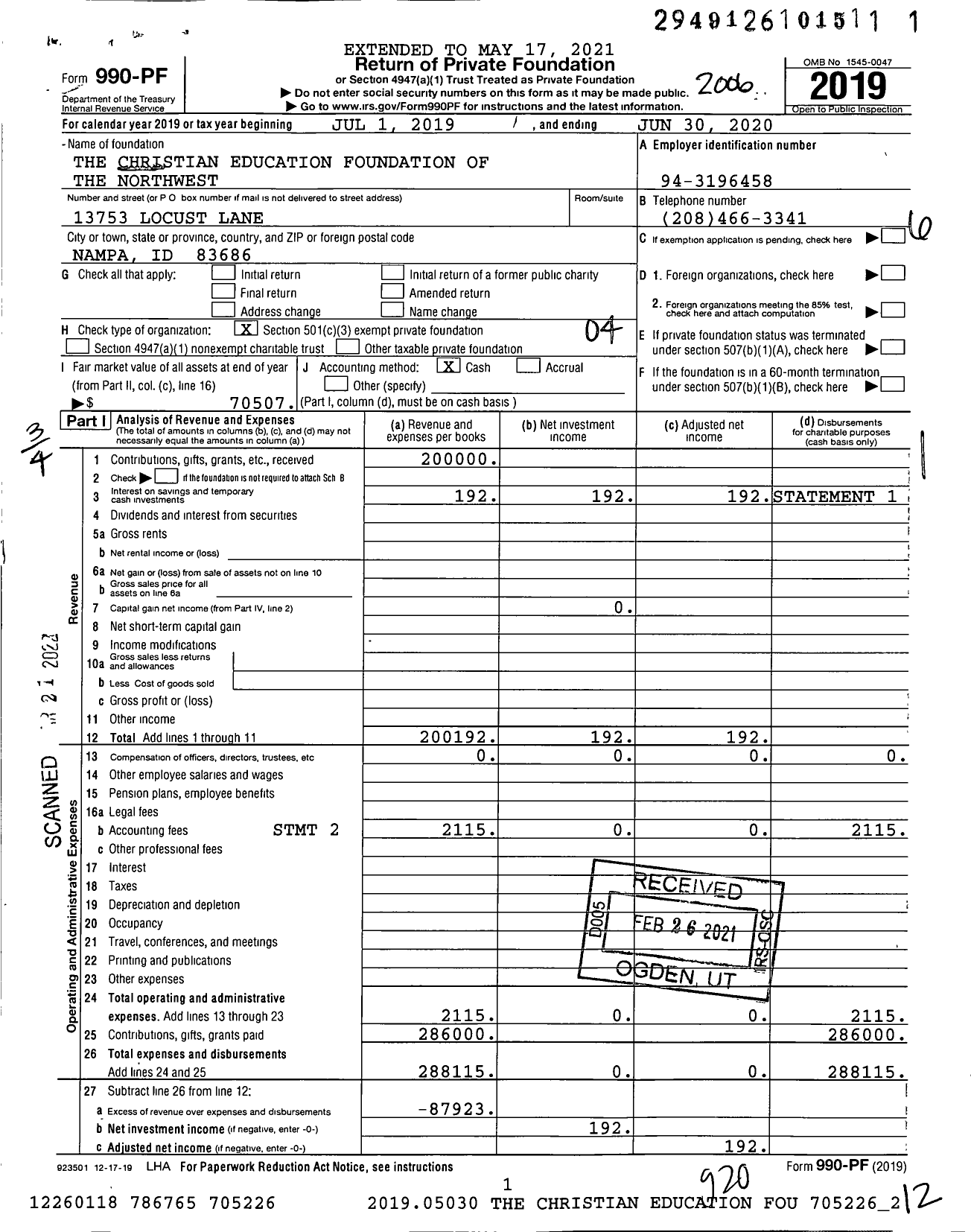 Image of first page of 2019 Form 990PF for The Christian Education Foundation of the Northwest