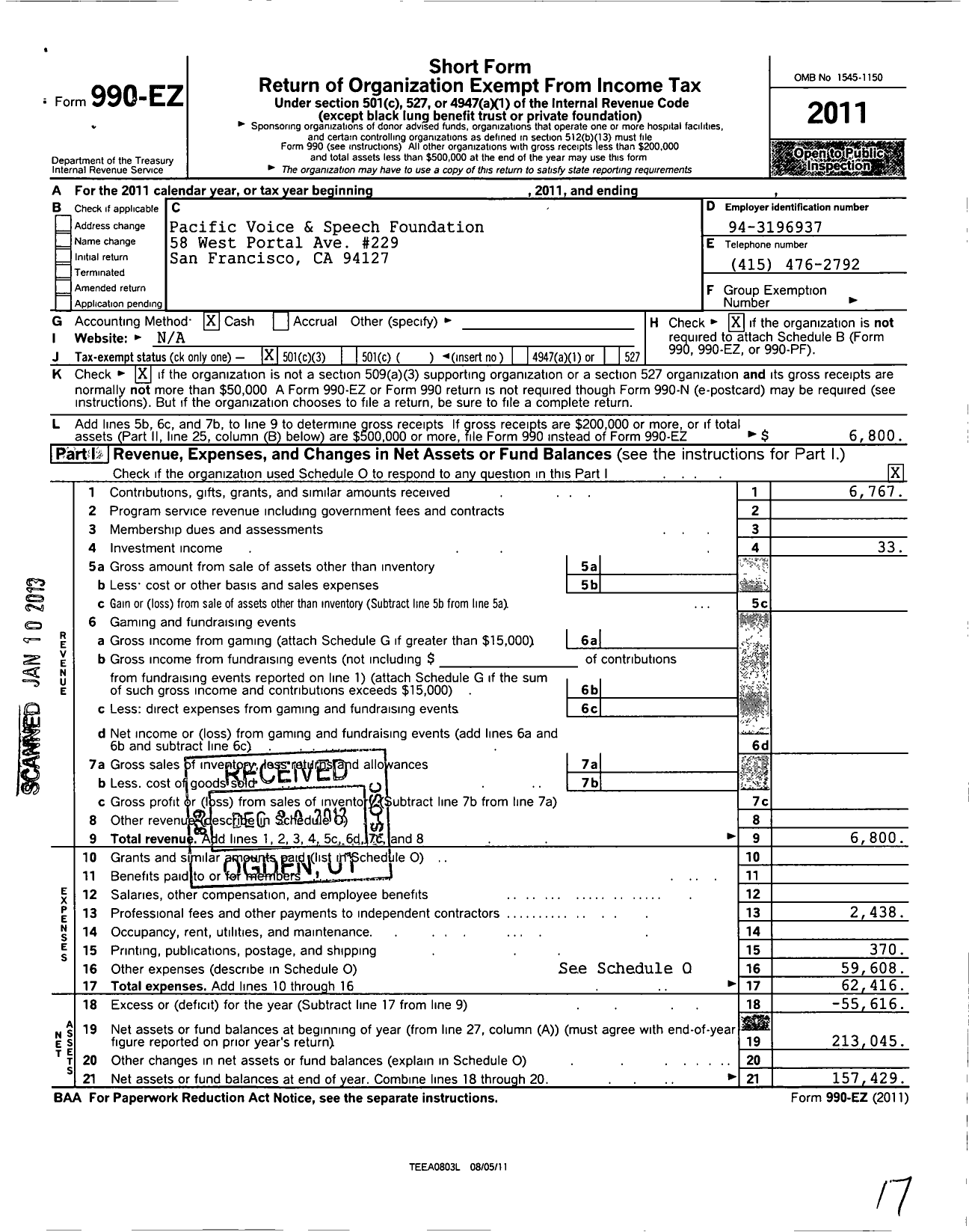 Image of first page of 2011 Form 990EZ for Pacific Voice and Speech Foundation