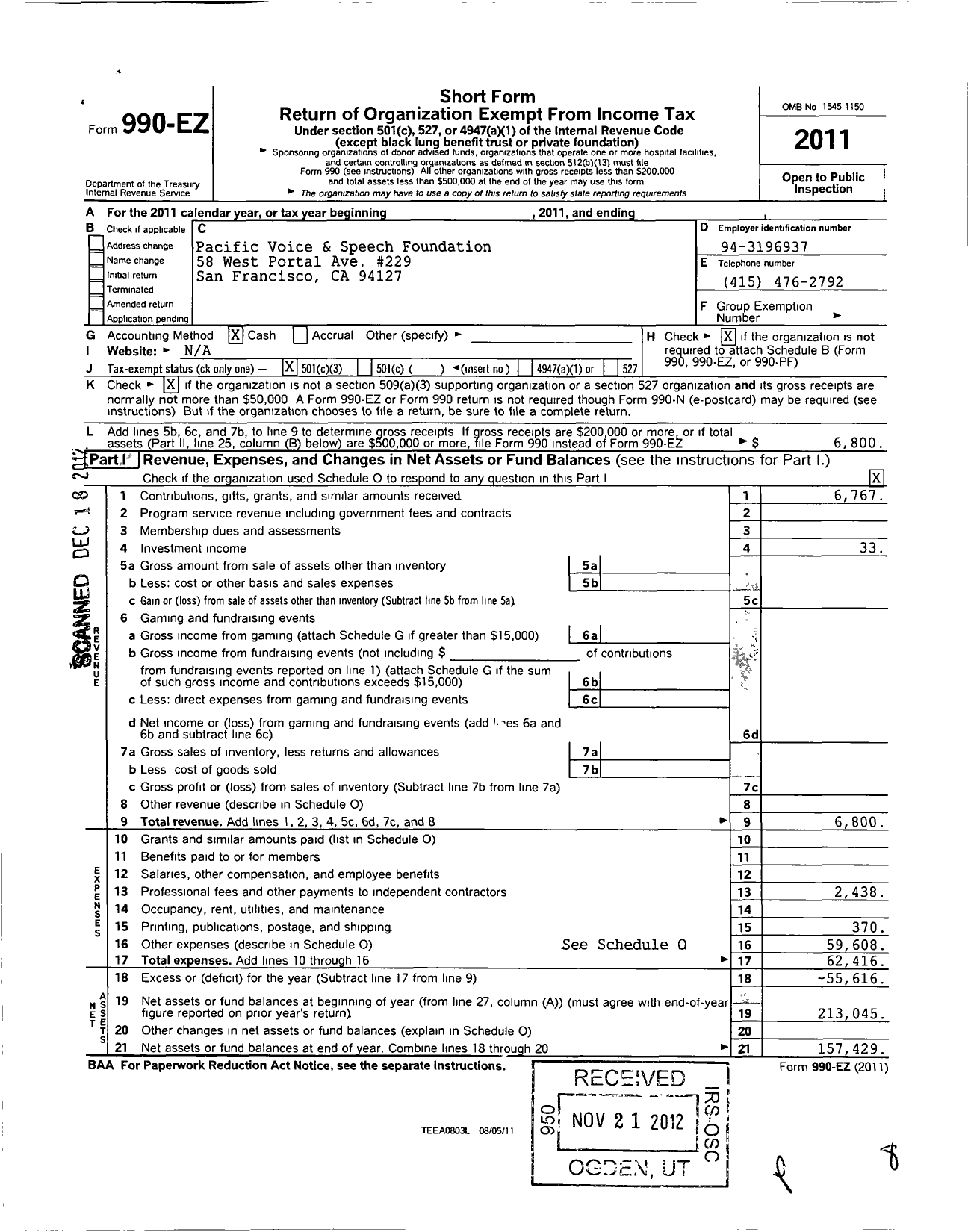 Image of first page of 2011 Form 990EZ for Pacific Voice and Speech Foundation