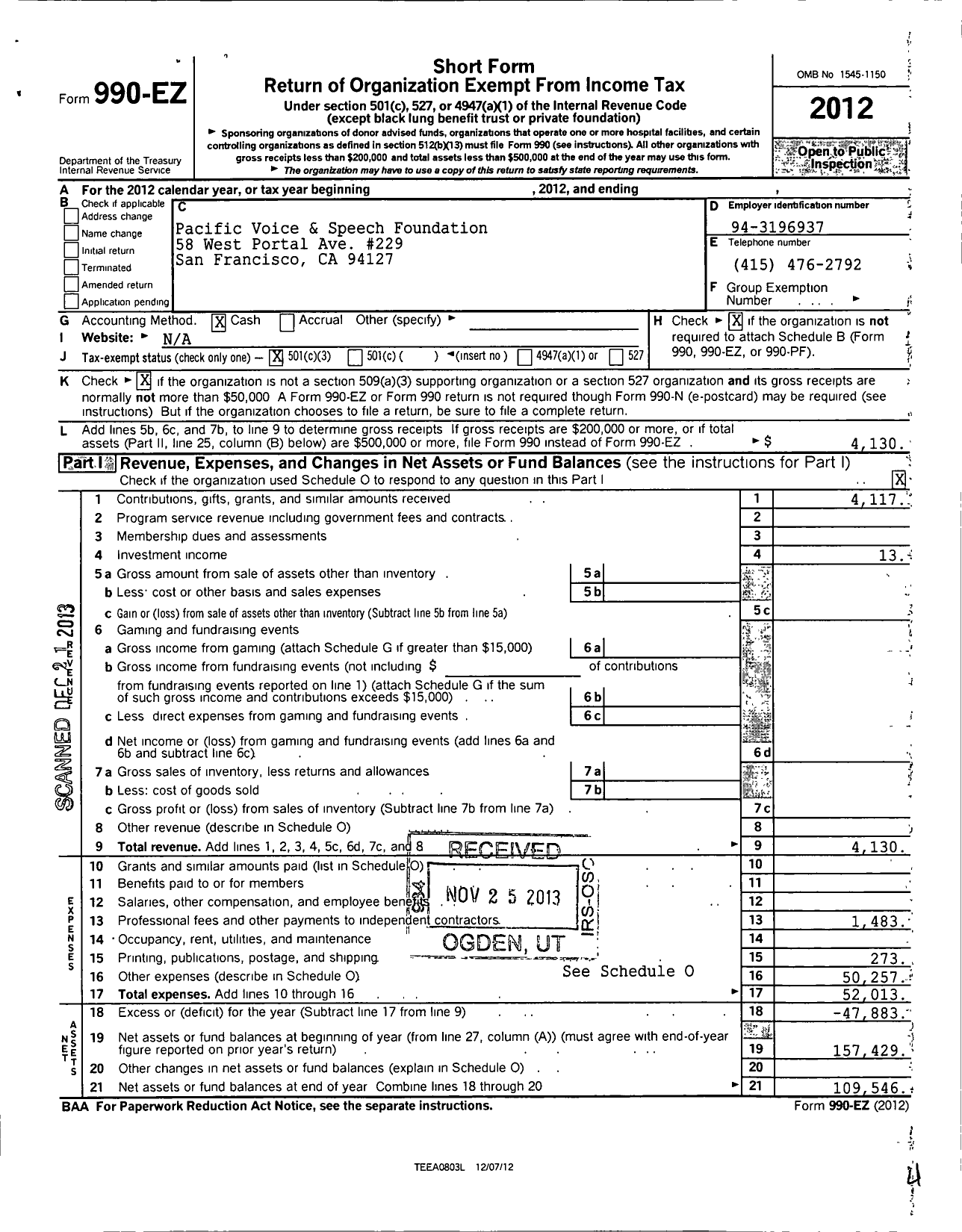 Image of first page of 2012 Form 990EZ for Pacific Voice and Speech Foundation