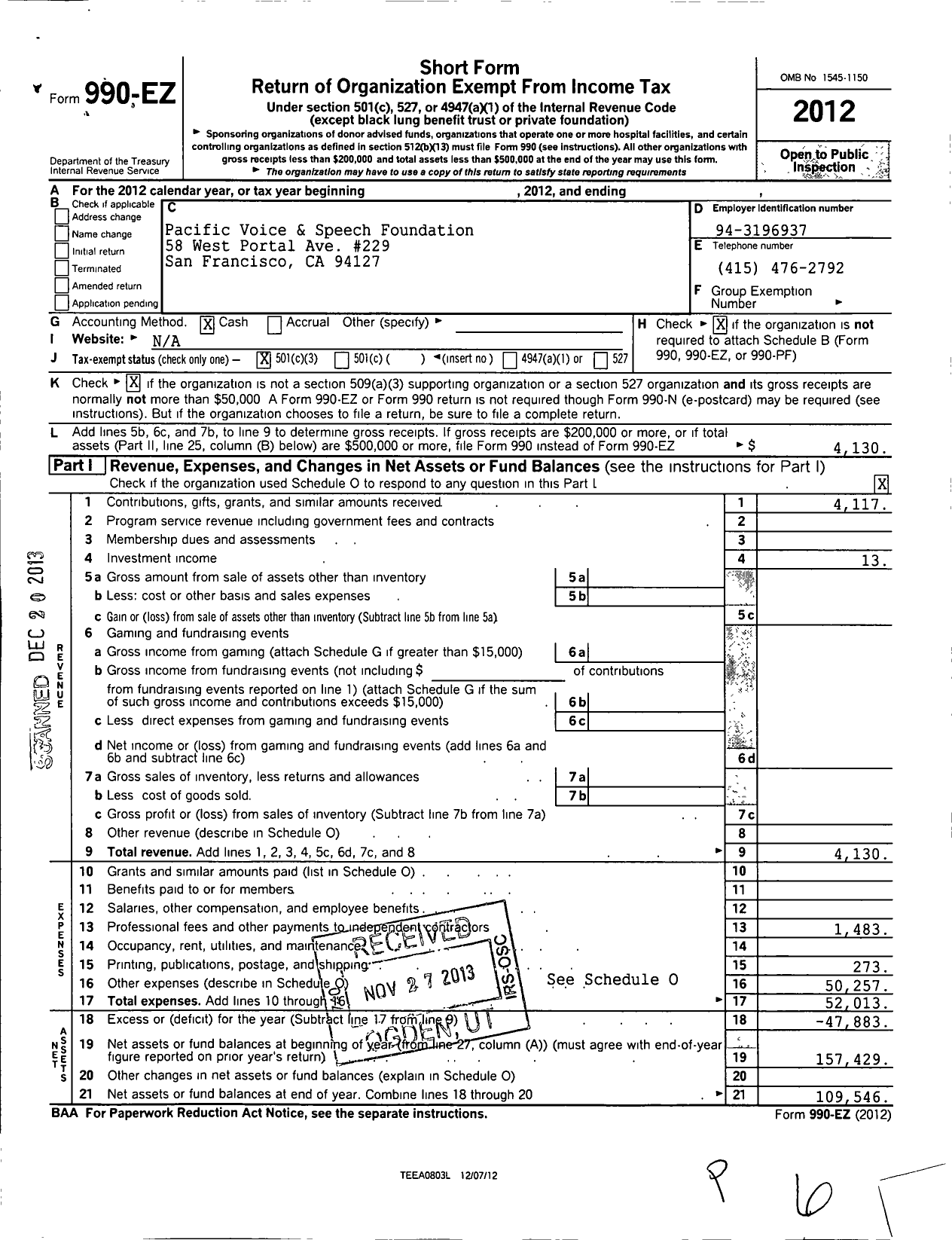 Image of first page of 2012 Form 990EZ for Pacific Voice and Speech Foundation