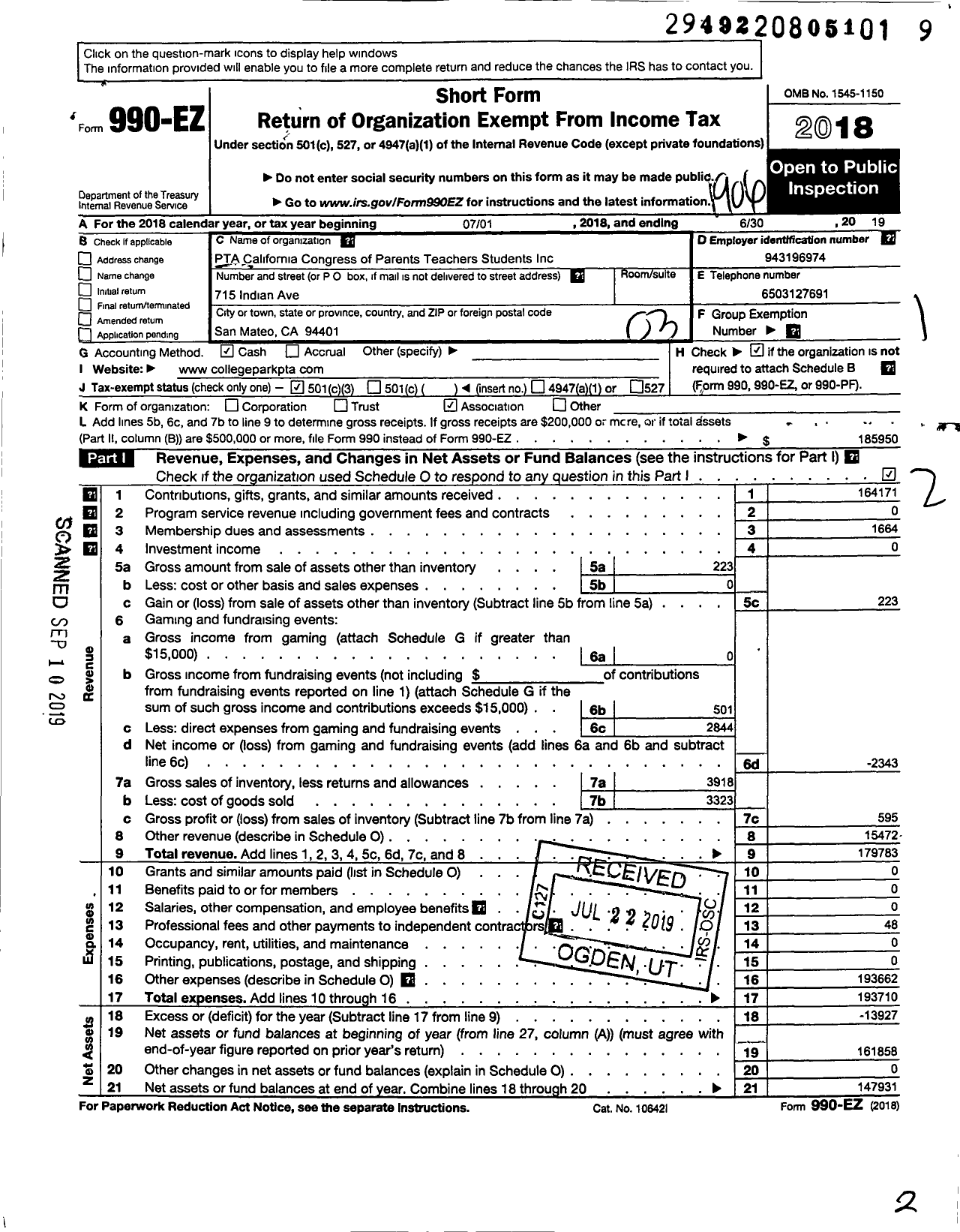 Image of first page of 2018 Form 990EZ for California State PTA - College Park Elementary School PTA