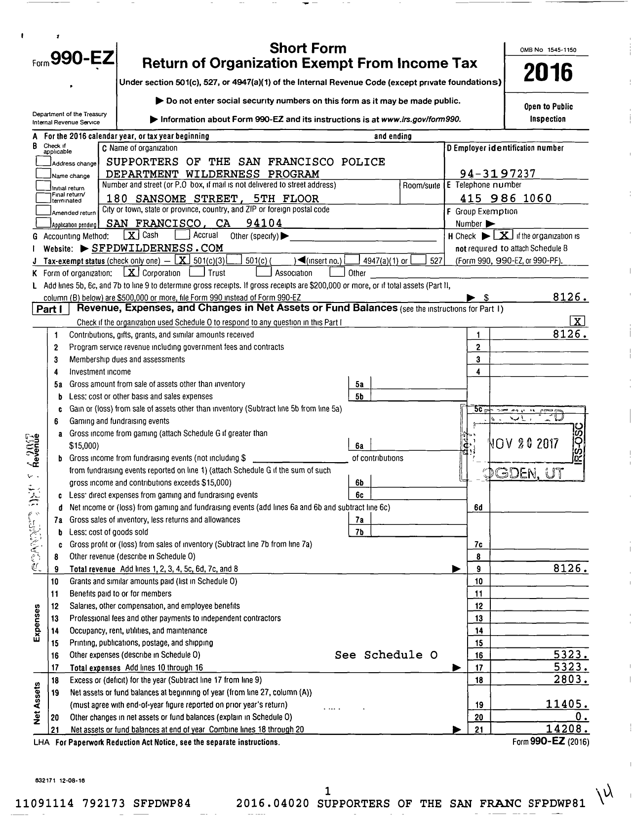 Image of first page of 2016 Form 990EZ for Supporters of the San Francisco Police Department Wilderness PRGM