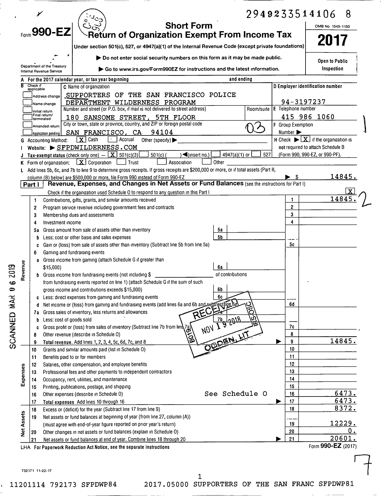 Image of first page of 2017 Form 990EZ for Supporters of the San Francisco Police Department Wilderness PRGM