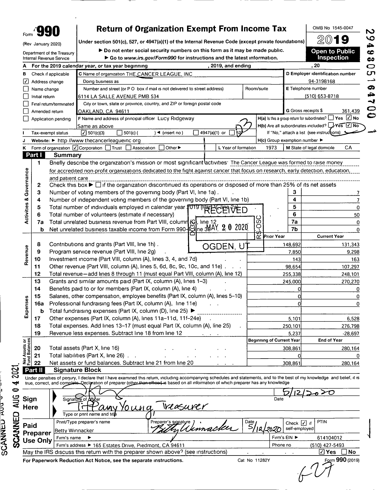 Image of first page of 2019 Form 990 for The Cancer League