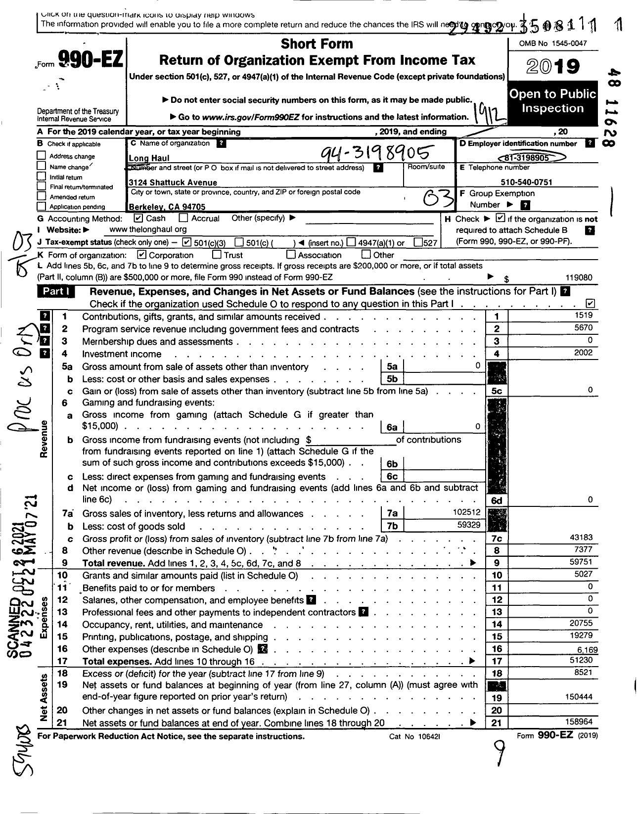 Image of first page of 2019 Form 990EZ for Long Haul