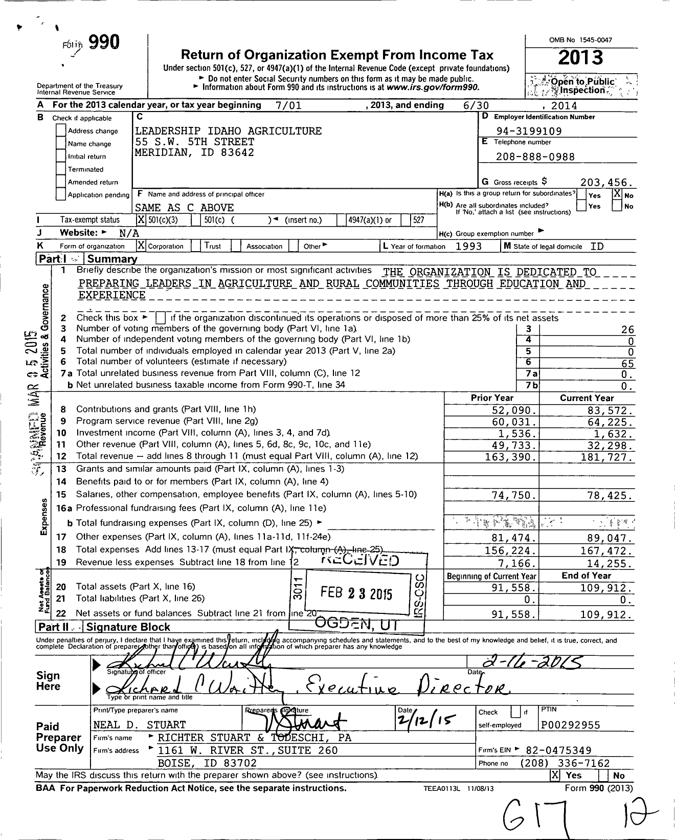 Image of first page of 2013 Form 990 for Leadership Idaho Agriculture