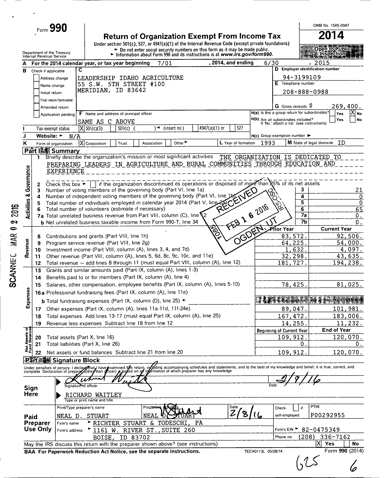 Image of first page of 2014 Form 990 for Leadership Idaho Agriculture