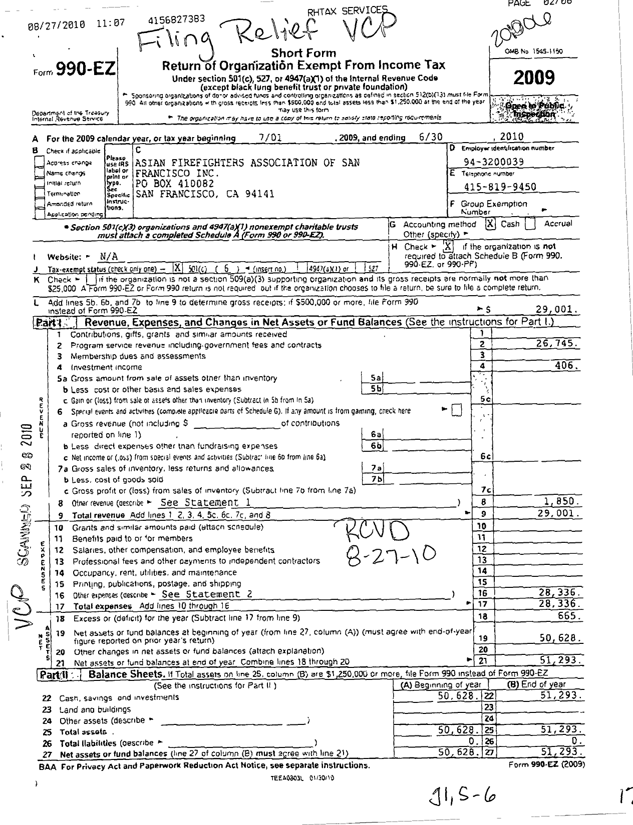 Image of first page of 2009 Form 990EO for Asian Firefighters Association of San Francisco