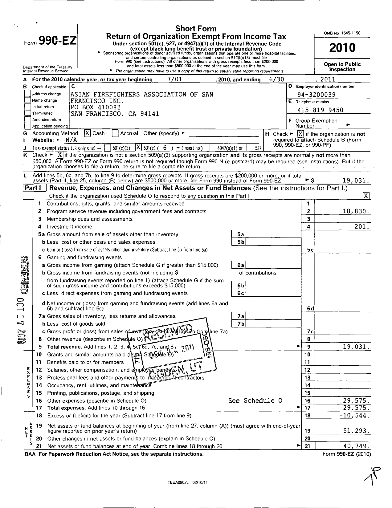 Image of first page of 2010 Form 990EO for Asian Firefighters Association of San Francisco