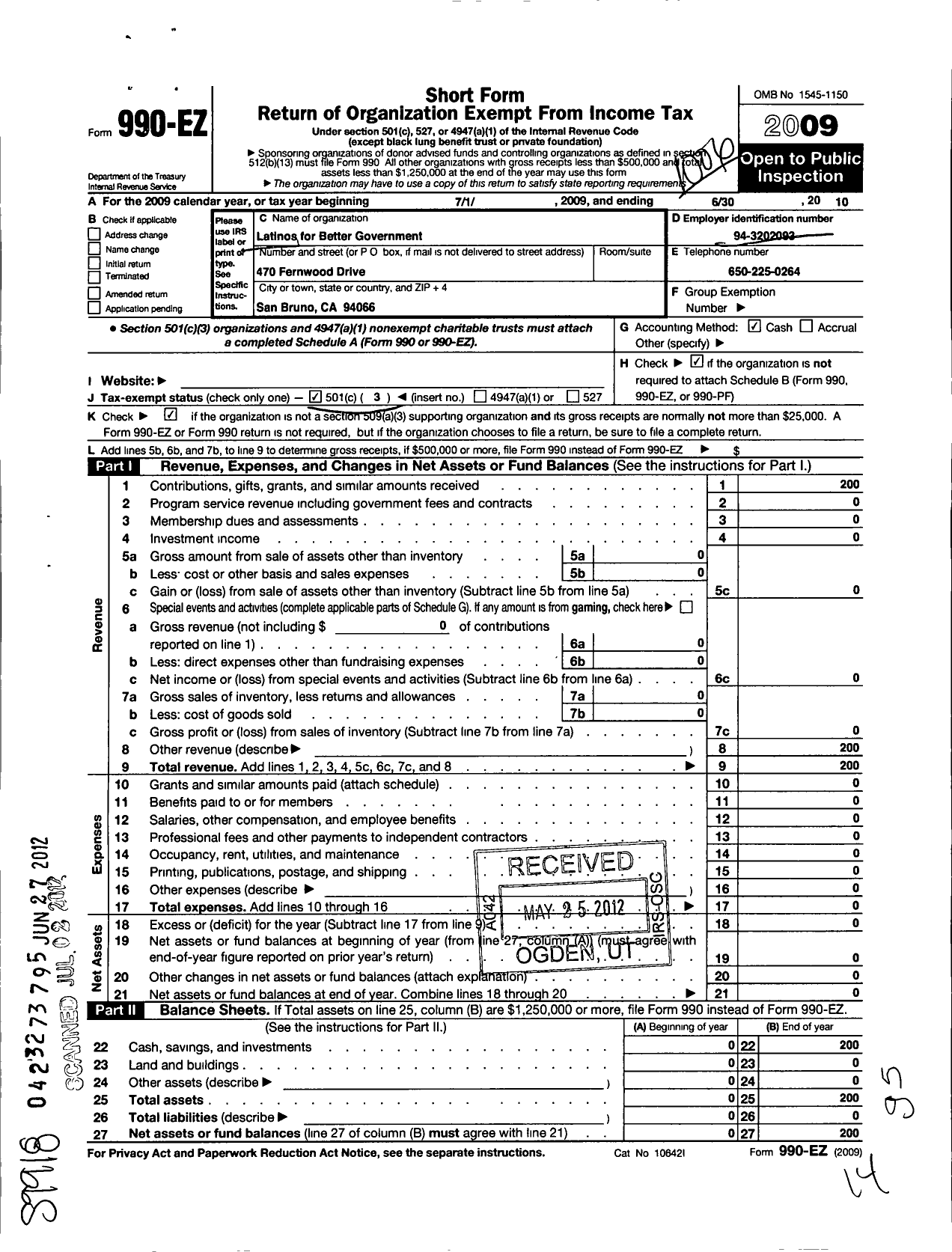 Image of first page of 2009 Form 990EZ for Latinos for Better Government