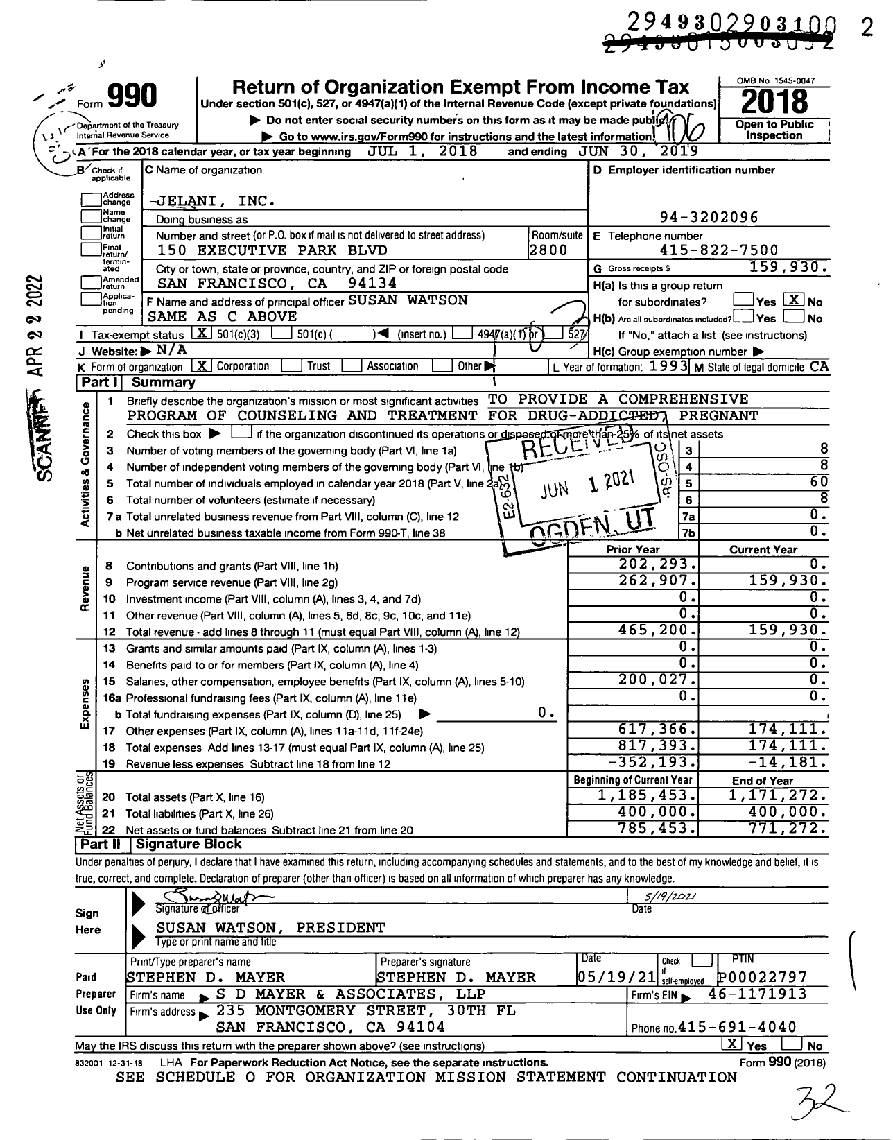 Image of first page of 2018 Form 990 for Jelani