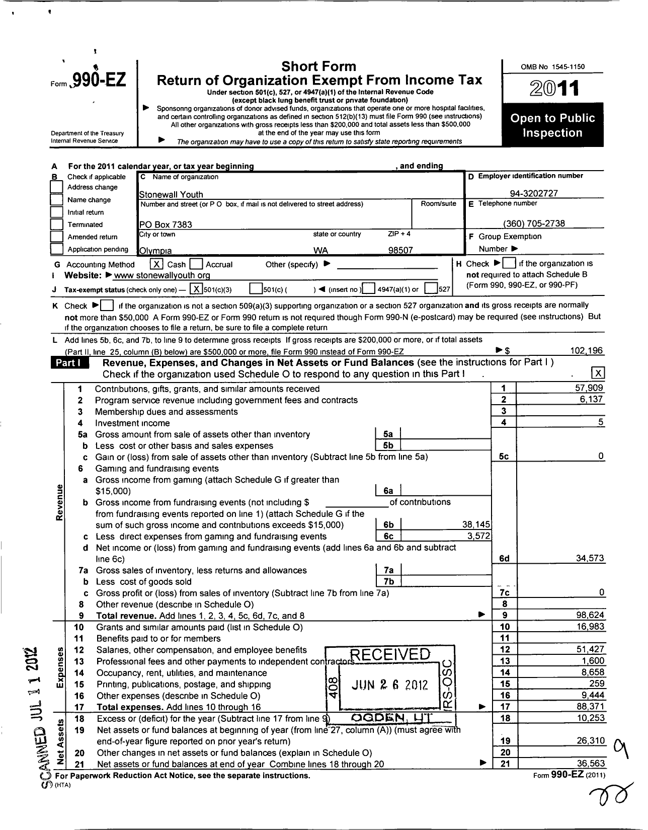 Image of first page of 2011 Form 990EZ for Stonewall Youth