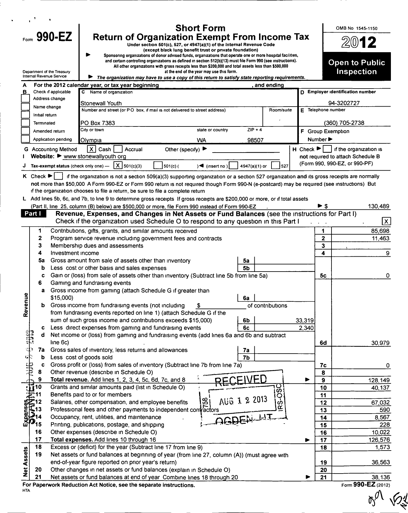 Image of first page of 2012 Form 990EZ for Stonewall Youth