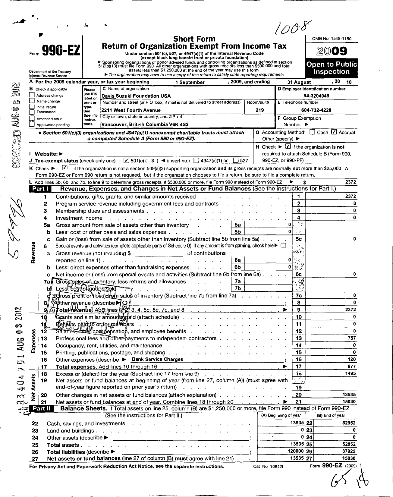 Image of first page of 2009 Form 990EZ for David Suzuki Foundation USA