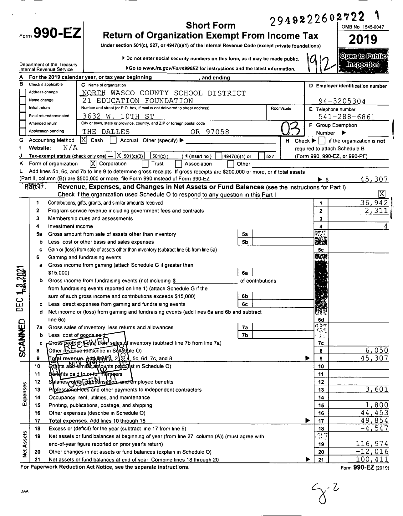 Image of first page of 2019 Form 990EZ for North Wasco County School District 21 Education Foundation