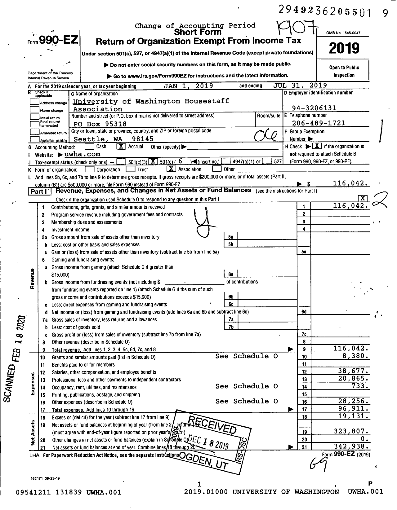 Image of first page of 2018 Form 990EO for University of Washington Housestaff Association