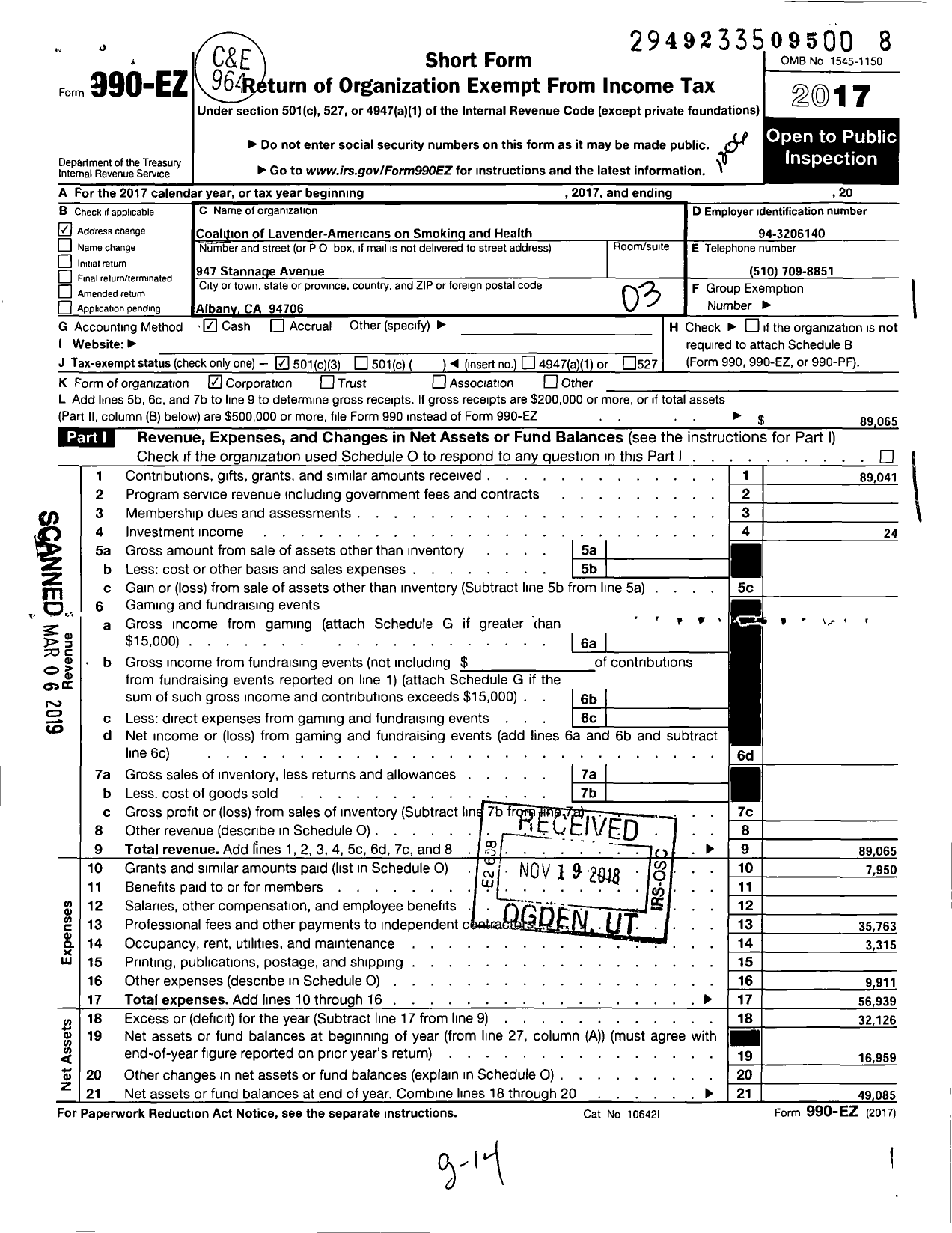 Image of first page of 2017 Form 990EZ for Coalition of Lavender-Americans on Smoking and Health