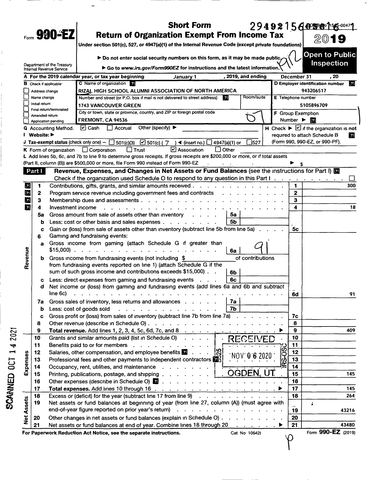 Image of first page of 2019 Form 990EO for Rizal High School Alumni Association of North America