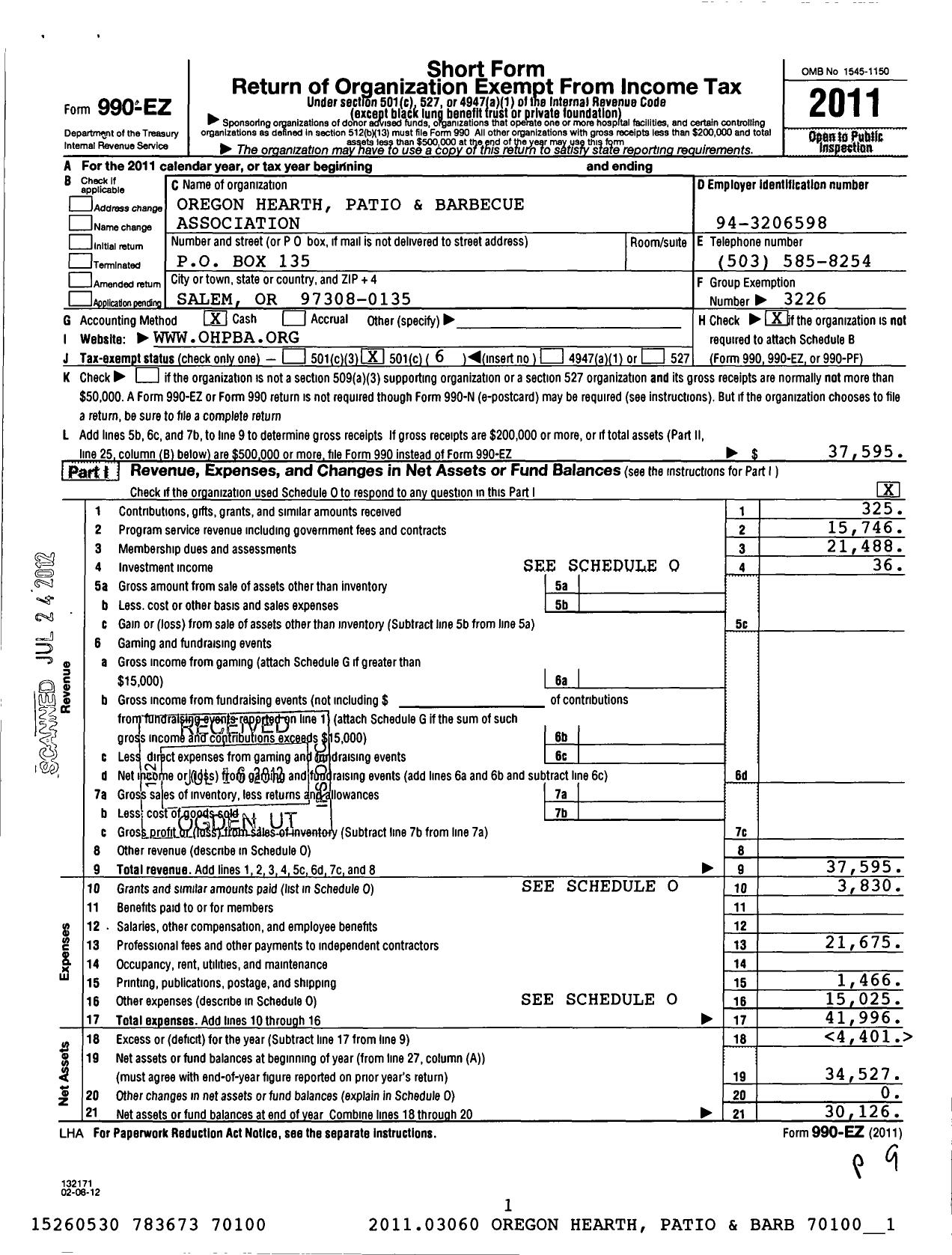 Image of first page of 2011 Form 990EO for Hearth Patio and Barbecue Association / Oregon Hpba