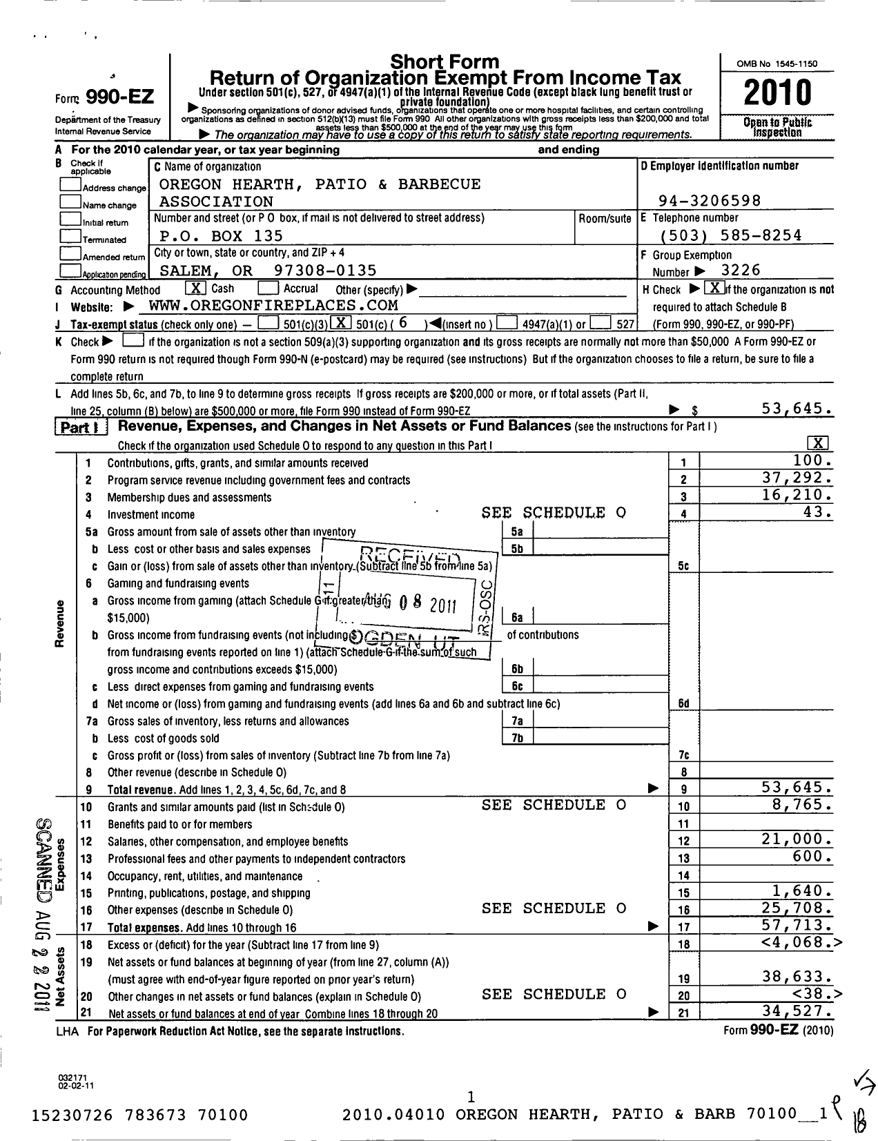 Image of first page of 2010 Form 990EO for Hearth Patio and Barbecue Association / Oregon Hpba