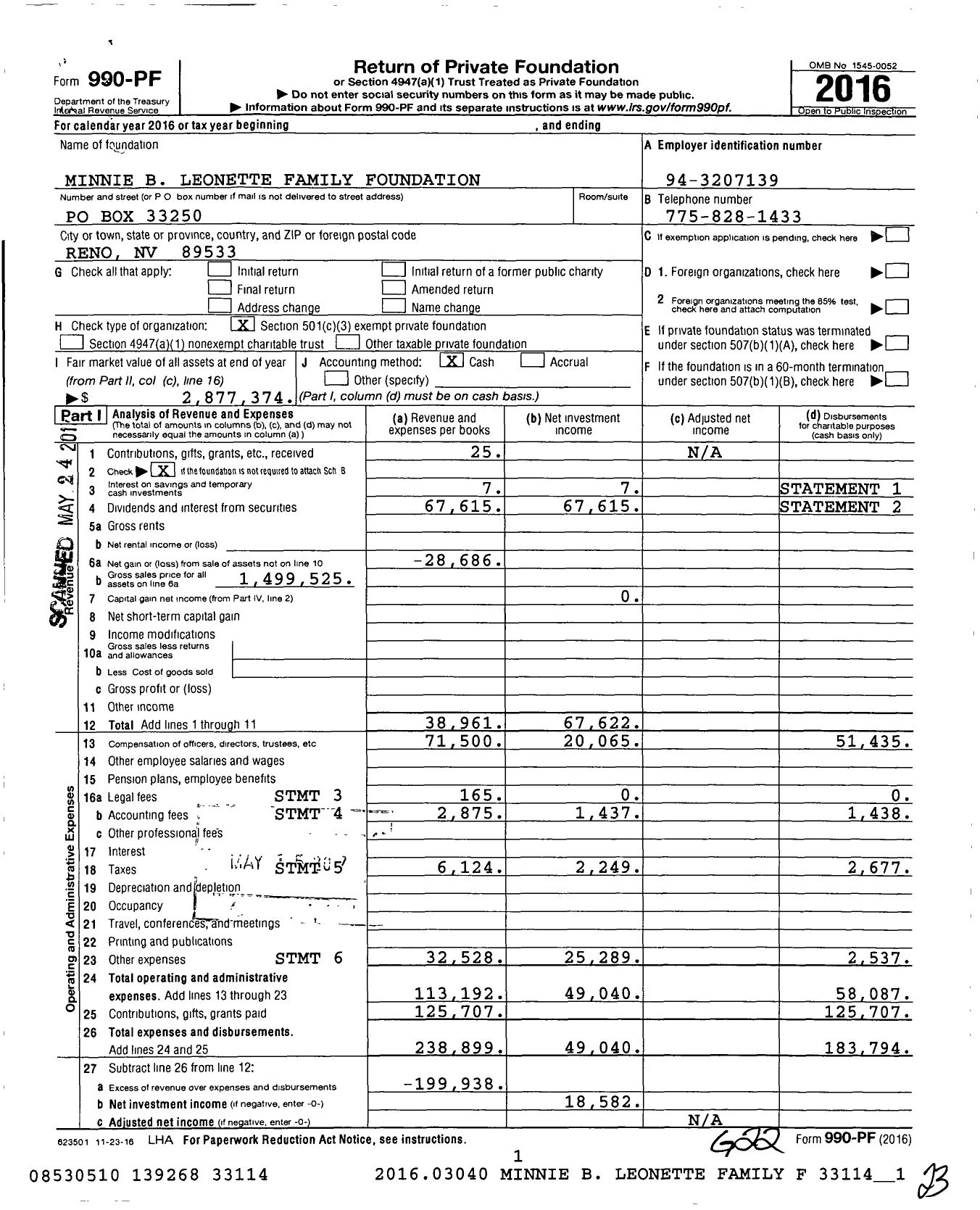 Image of first page of 2016 Form 990PF for Minnie B Leonette Family Foundation