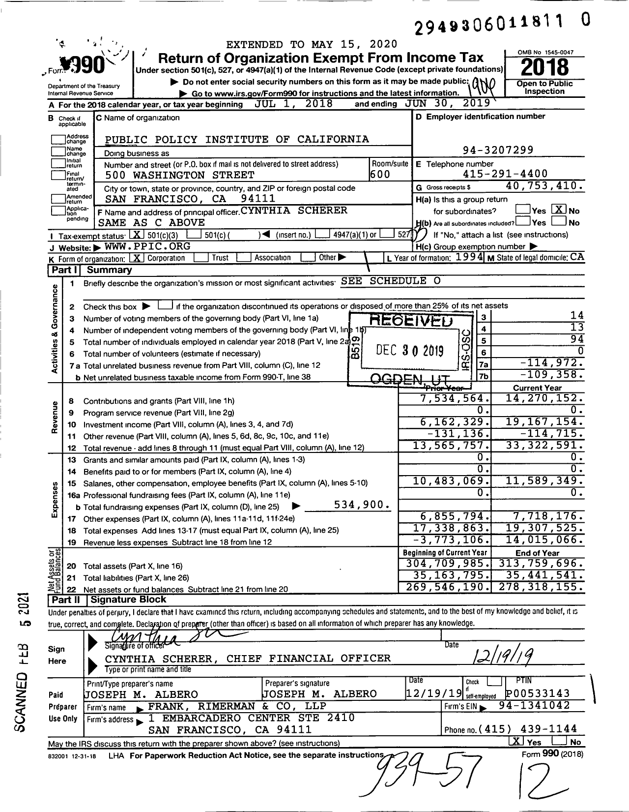 Image of first page of 2018 Form 990 for Public Policy Institute of California (PPIC)
