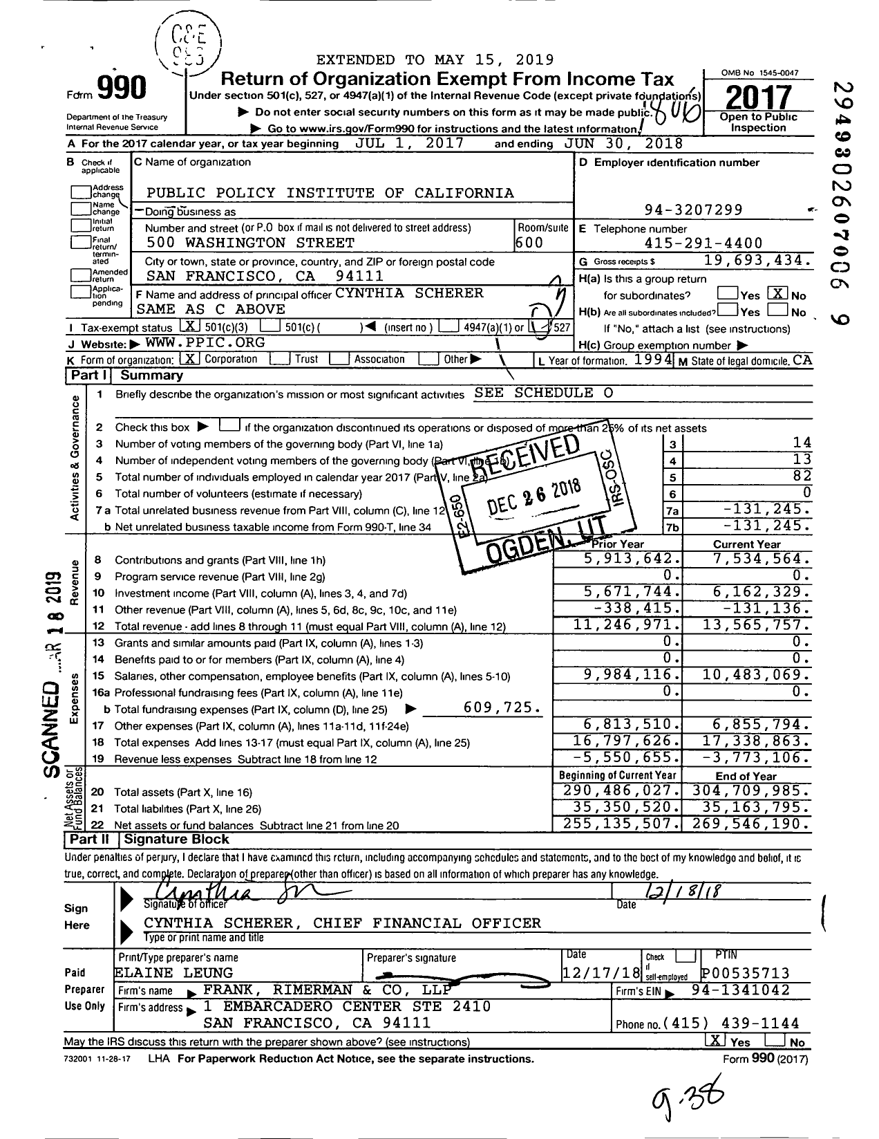 Image of first page of 2017 Form 990 for Public Policy Institute of California (PPIC)