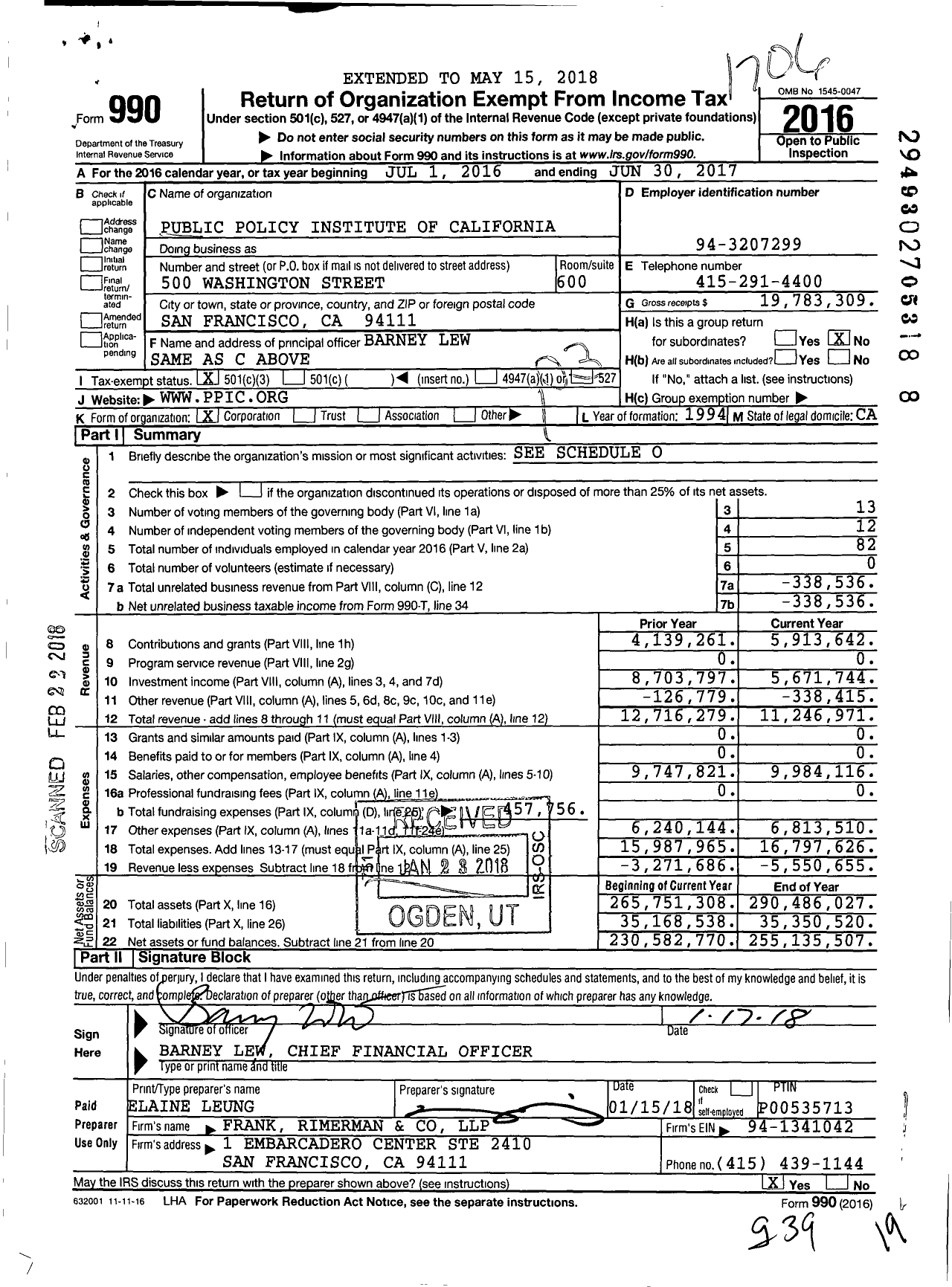 Image of first page of 2016 Form 990 for Public Policy Institute of California (PPIC)
