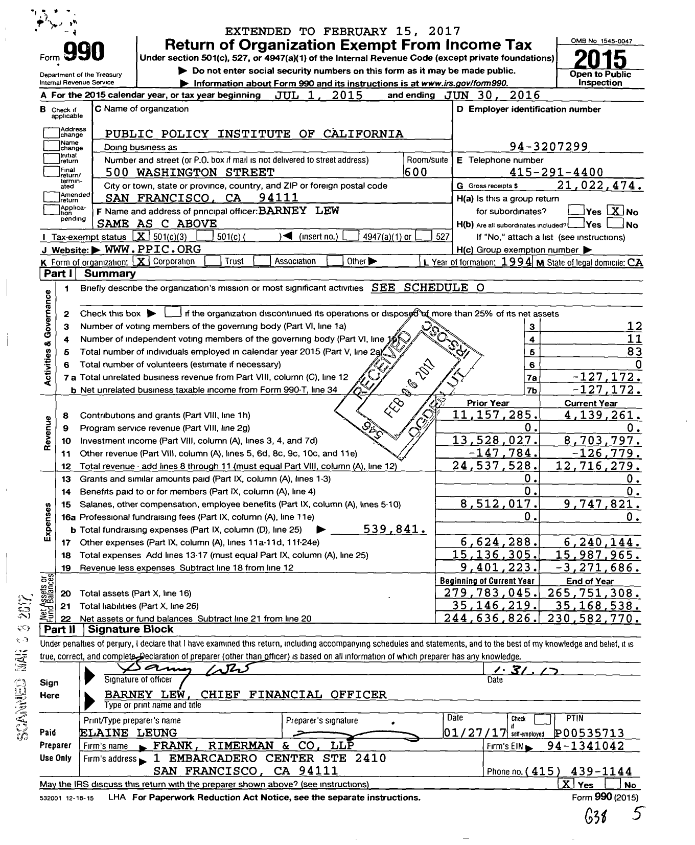 Image of first page of 2015 Form 990 for Public Policy Institute of California (PPIC)