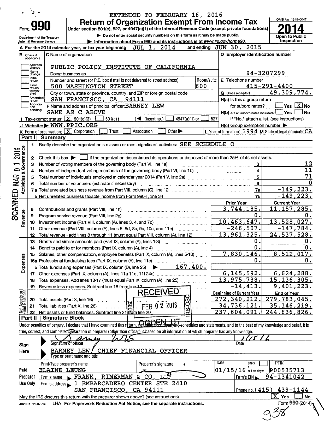 Image of first page of 2014 Form 990 for Public Policy Institute of California (PPIC)