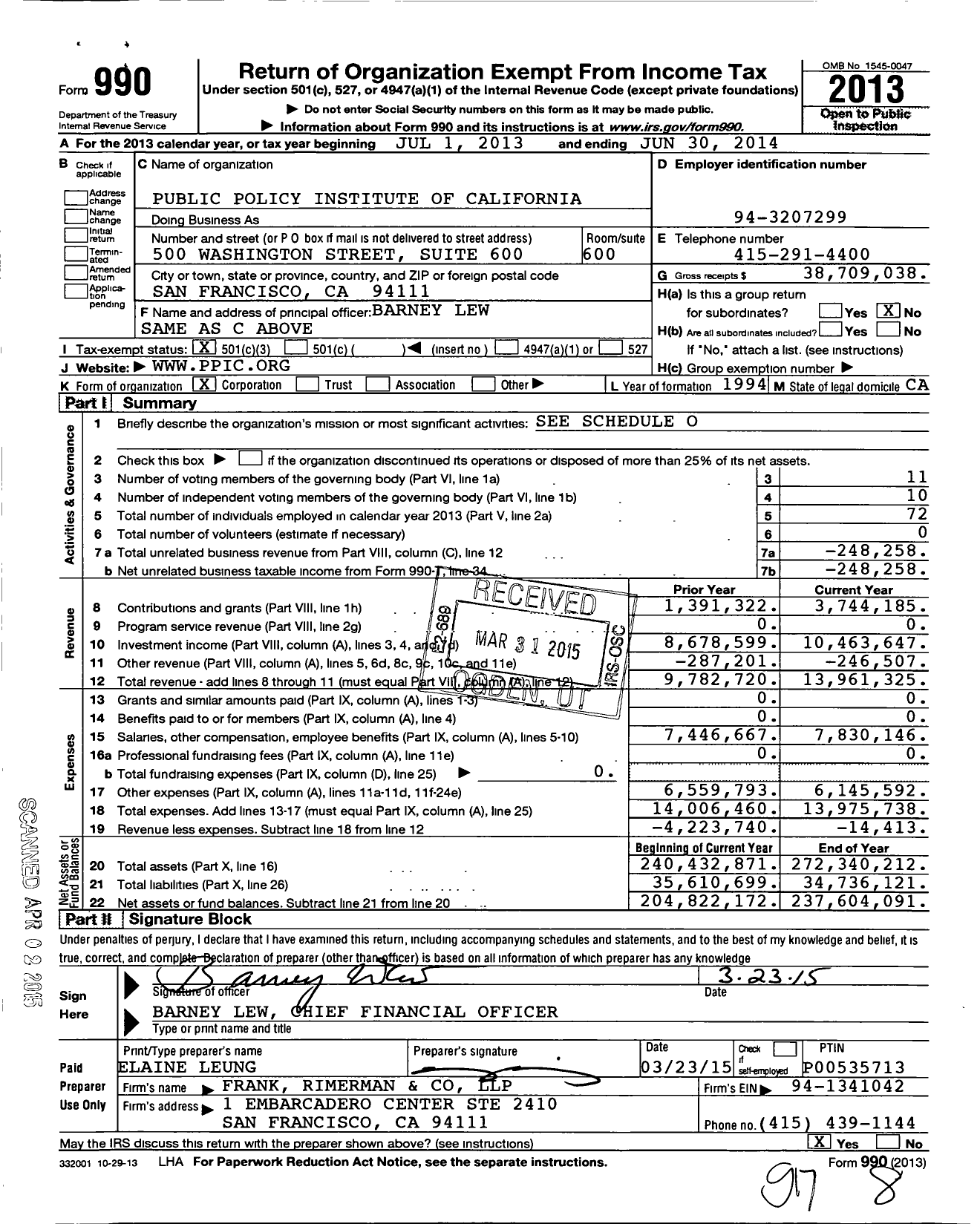 Image of first page of 2013 Form 990 for Public Policy Institute of California (PPIC)