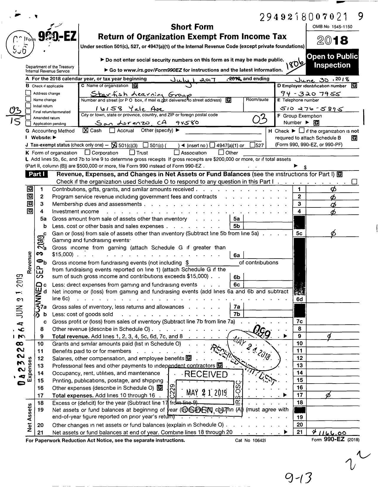 Image of first page of 2017 Form 990EZ for Starfish Learning Group