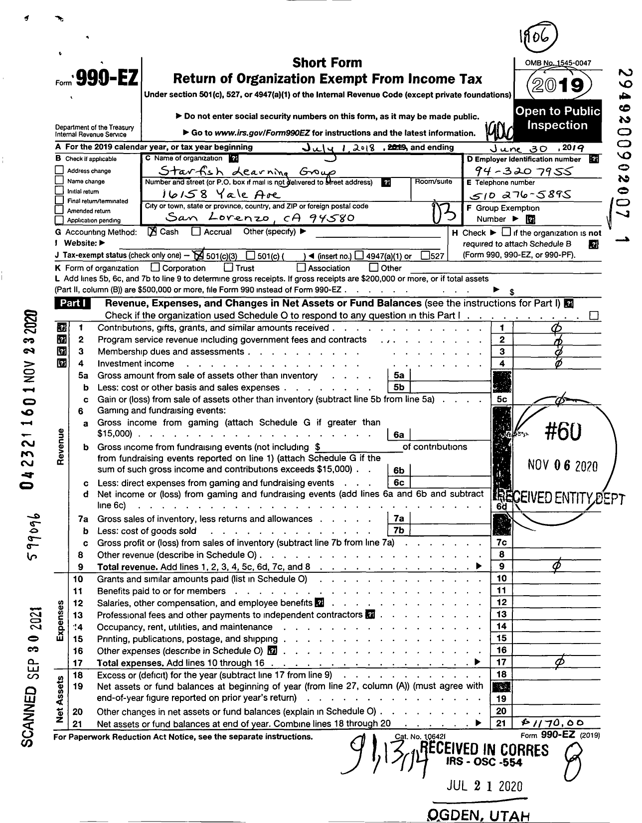 Image of first page of 2018 Form 990EZ for Starfish Learning Group