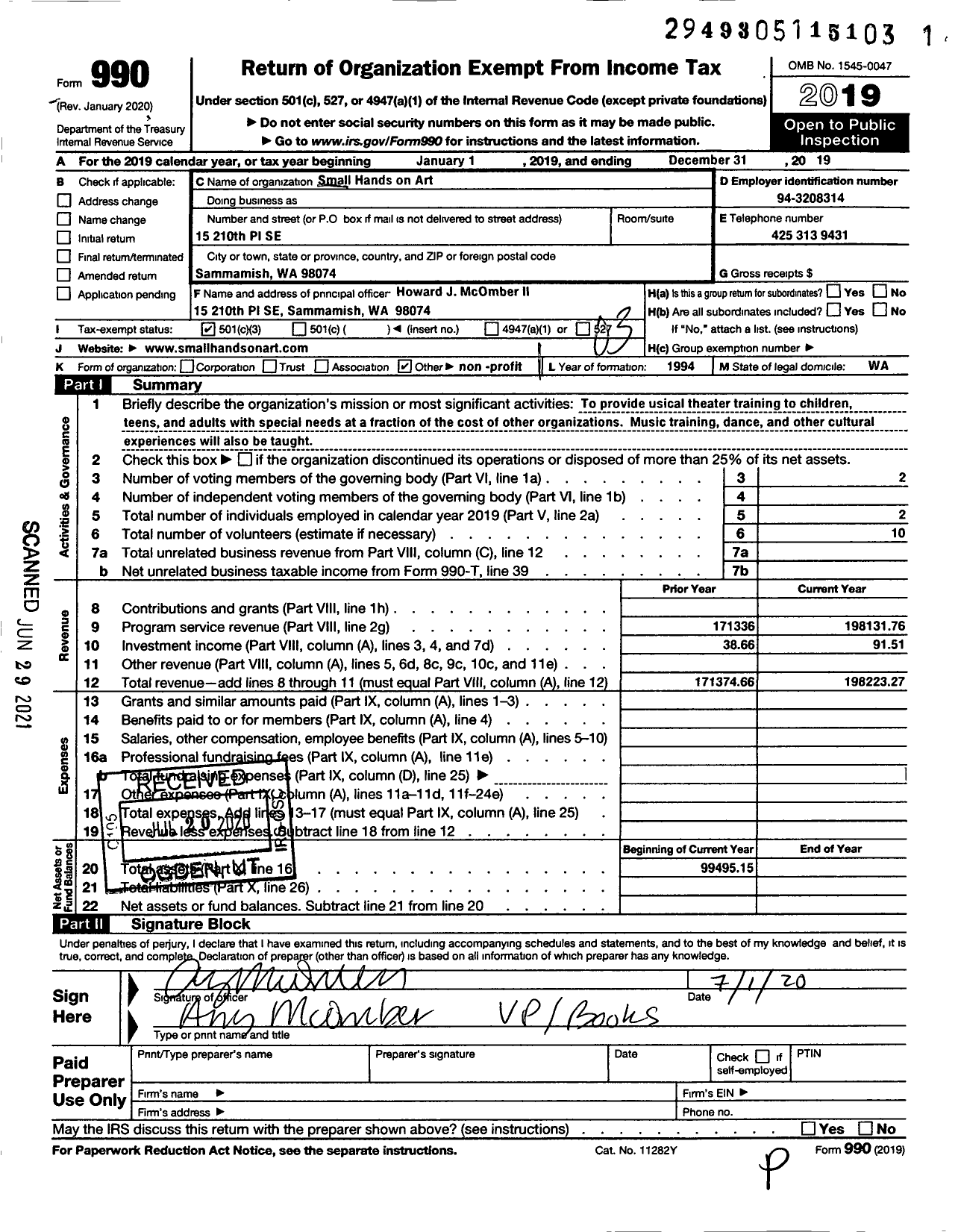 Image of first page of 2019 Form 990 for musical theater music physical training for children and special needs ad lts