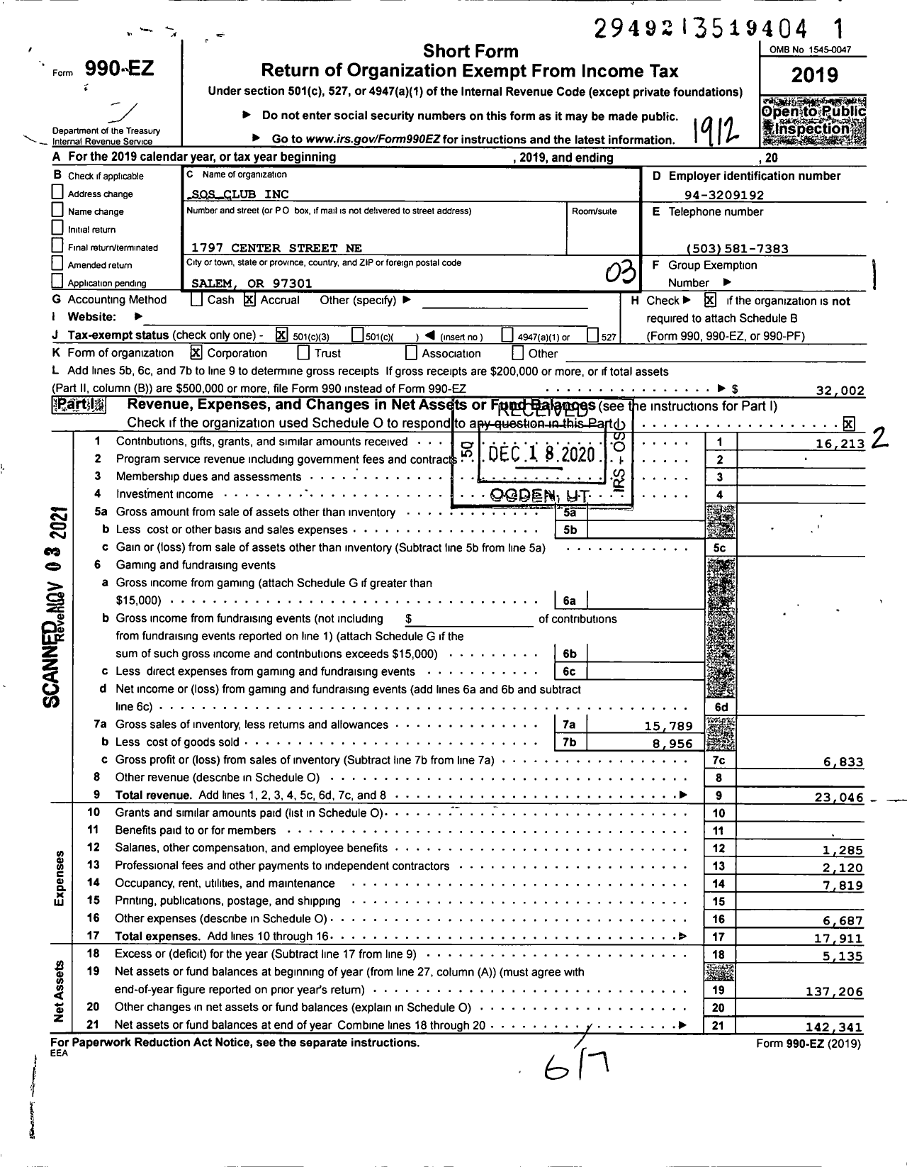 Image of first page of 2019 Form 990EZ for SOS Club